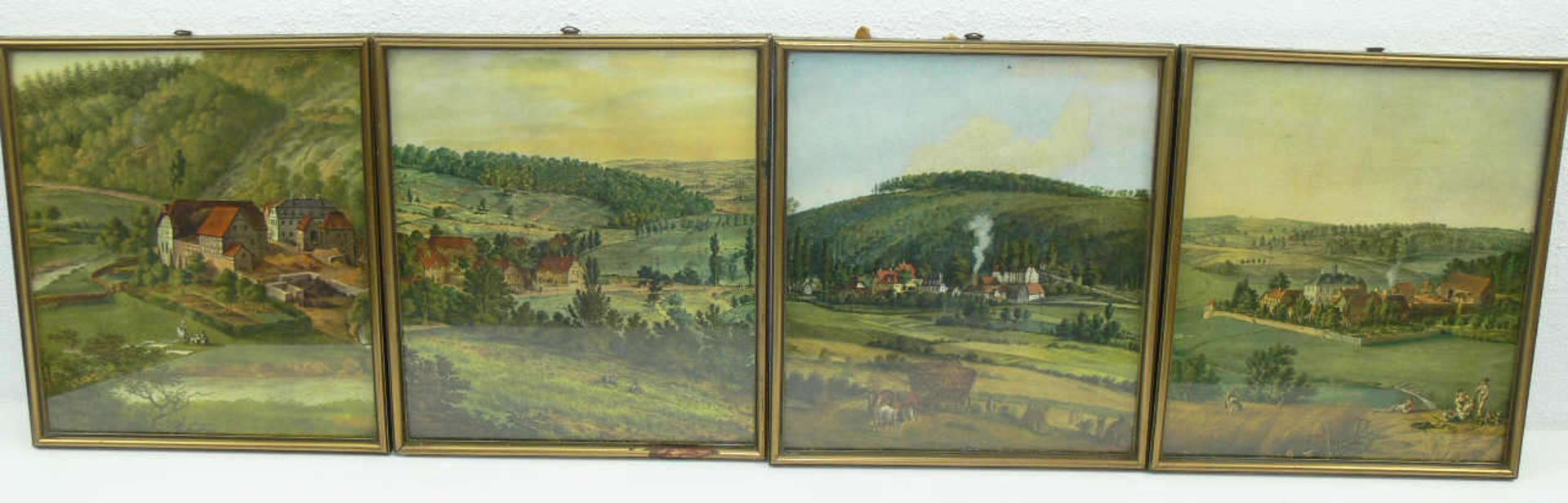 4 alte farbige Drucke, hinter Glas gerahmt "Landschaftsidyllen", Maße aller Bilder. Höhe ca. 26