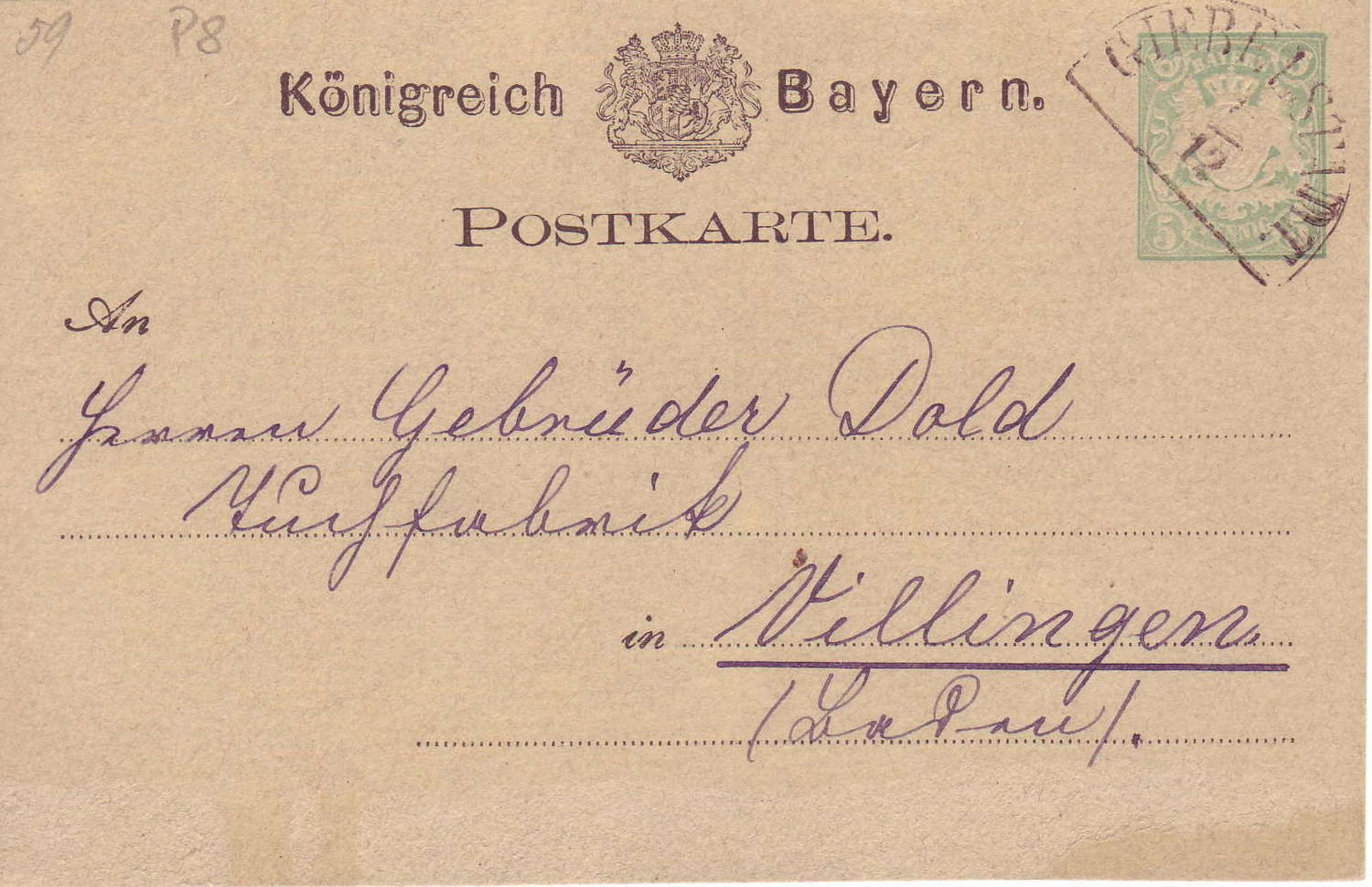 Bayern 1876-78, Postkarte P 8 mit Stempel 11 b Griebelstadt Ufr.. 45 Helbig - Punkte. Bavaria 1876-