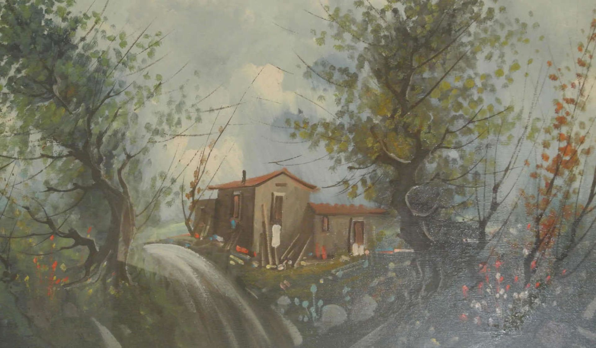 unbekannter Künstler, Ölgemälde auf Leinwand "Bauernhaus am Wegesrand", teilweise sehr dicker - Bild 2 aus 2