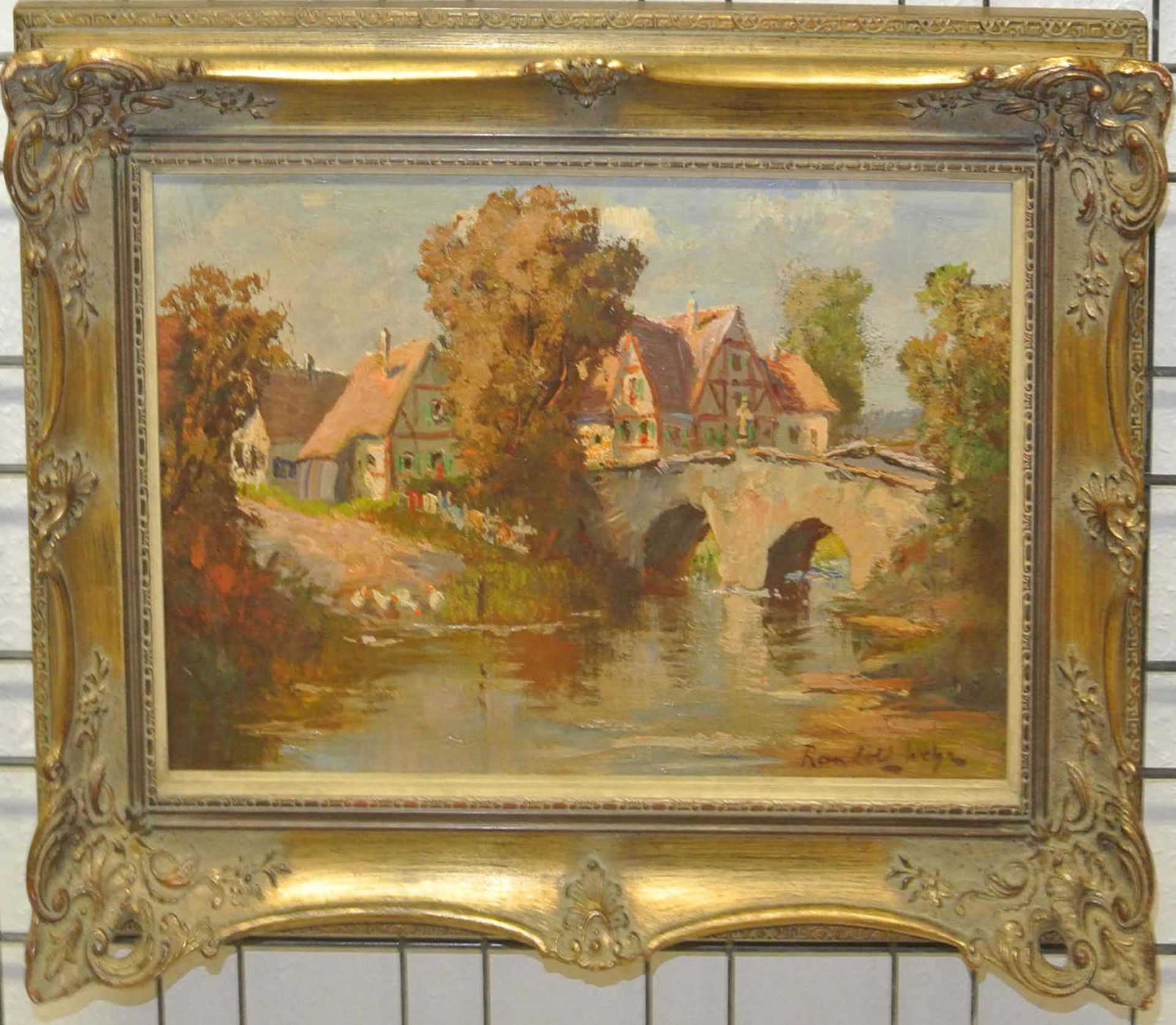 Reinhold Weher, Ölgemälde auf Leinwand, "altes Dörfchen im Herbst am Fluß", rechts unten signiert