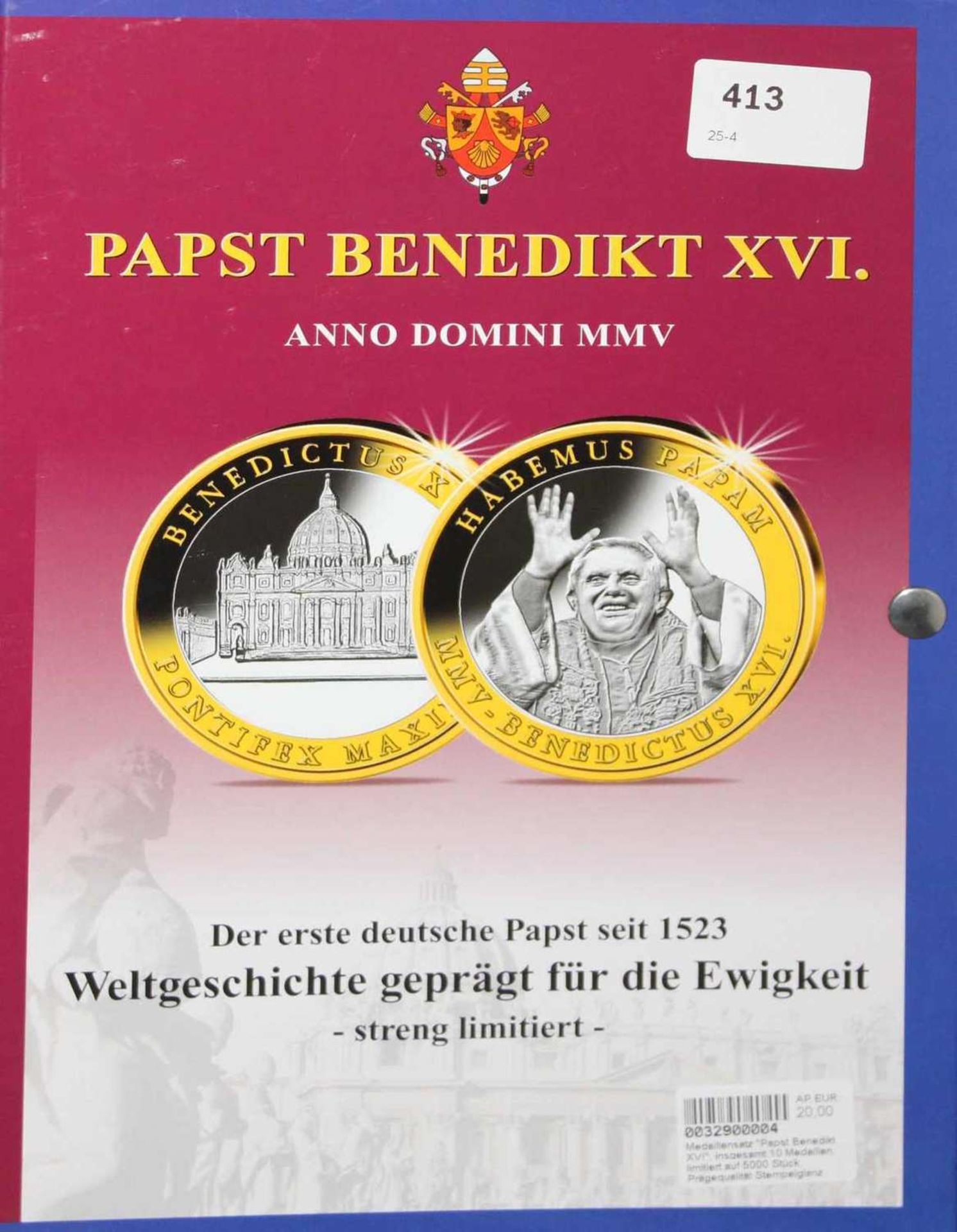 Medaillensatz "Papst Benedikt XVI", insgesamt 10 Medaillen, limitiert auf 5000 Stück.
