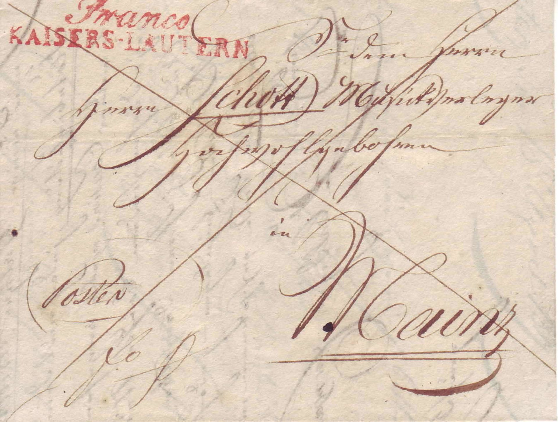 Beleg Vorphilatelie, mit rotem Stempel "Franco Kaiserslautern" Document prephilatelie, with red