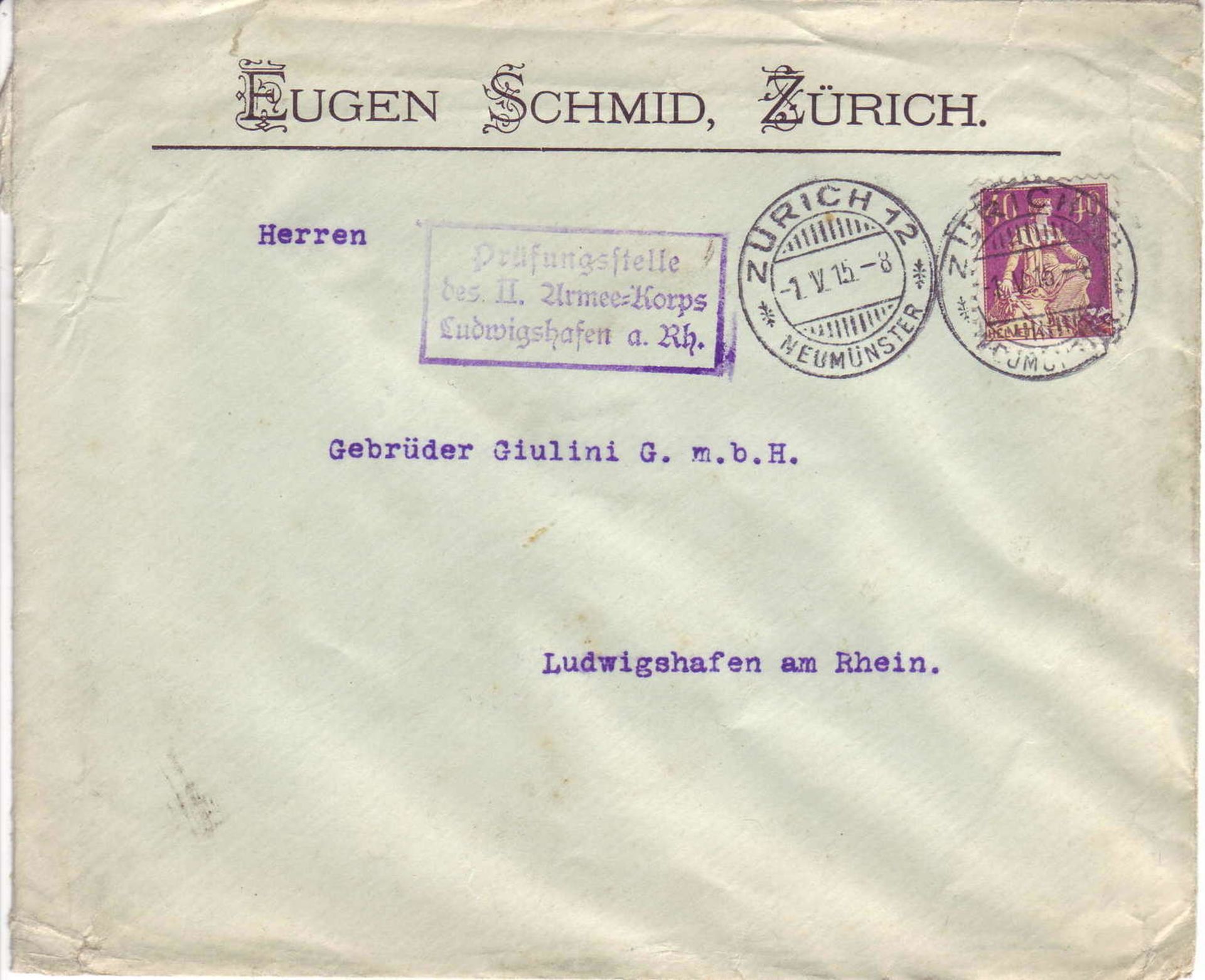 Schweiz 1915, Mi.-Nr. 108 auf Beleg. Gelaufen von Zürich nach Ludwigshafen. Zensiert von