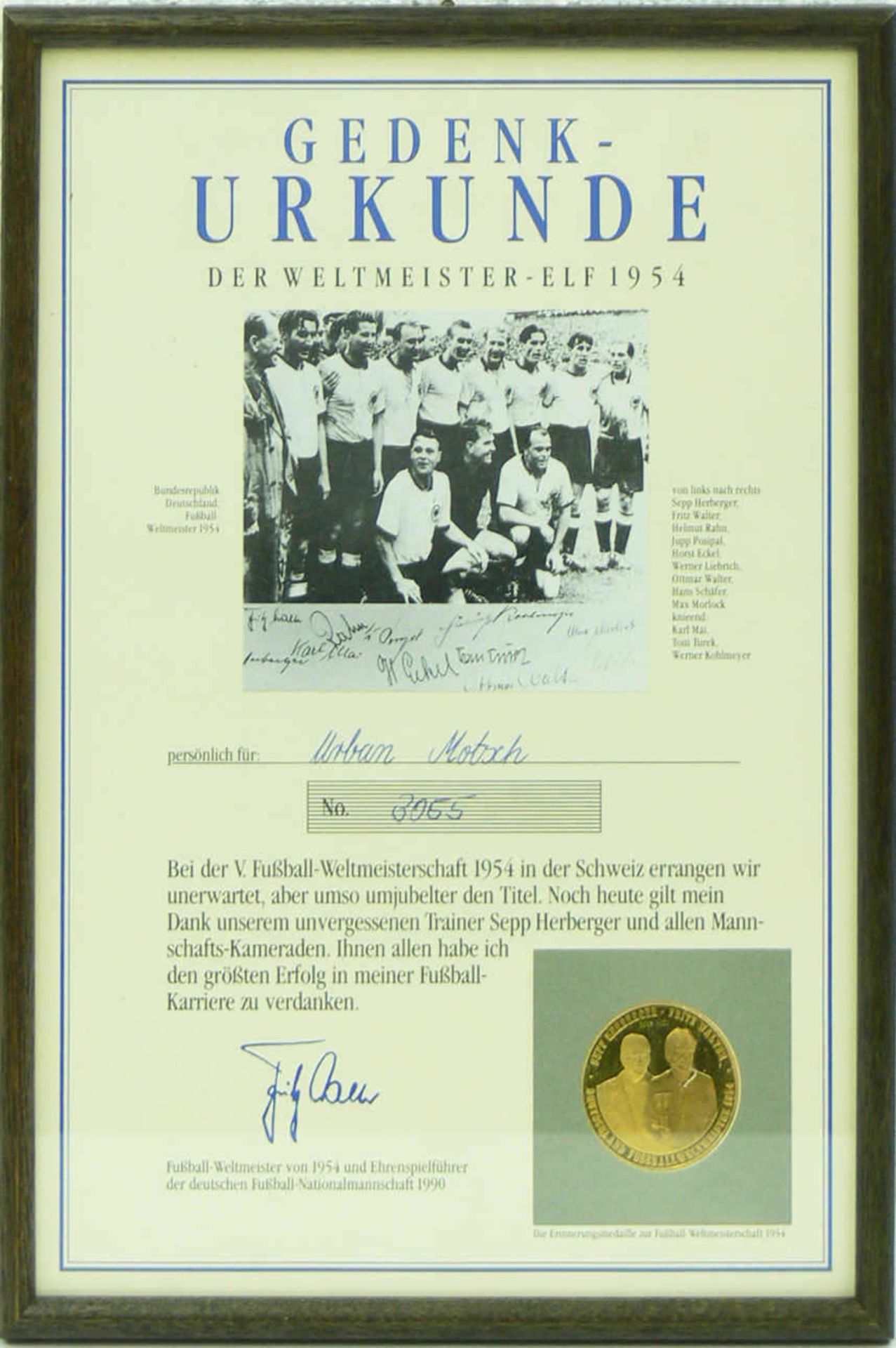 Gedenk - Urkunde zur Fußball - Weltmeisterschaft 1954. Limitierte Auflage - No. 3055.