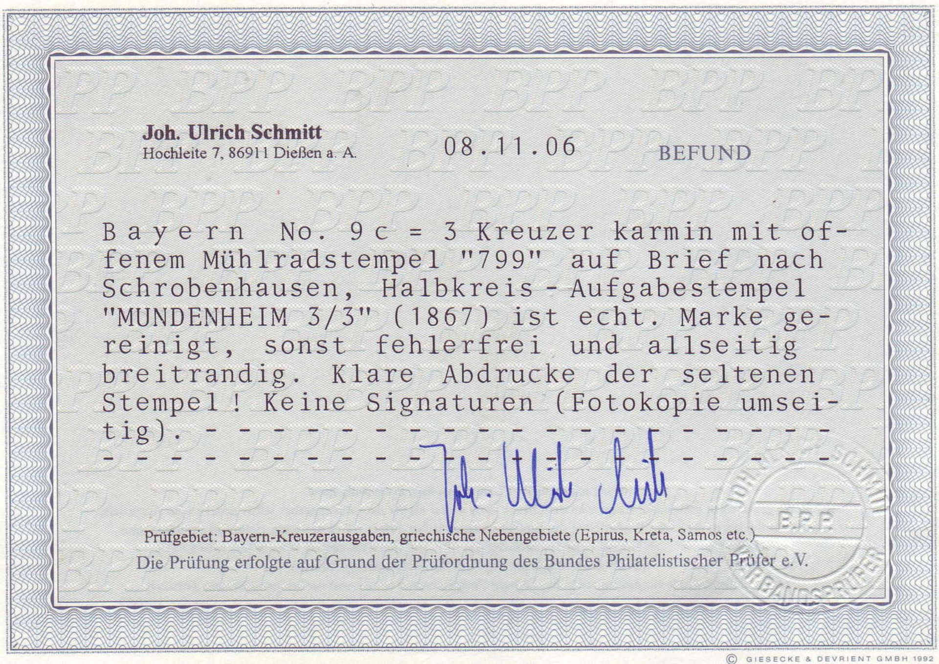 Altdeutschland Bayern 1867, Mi. - Nr. 9 c auf Brief nach Schrobenhausen. Halbkreis - - Bild 3 aus 3