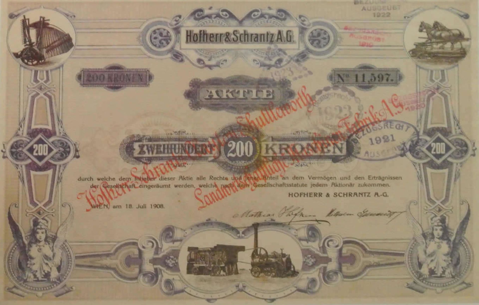 1 alte Aktie, hinter Glas gerahmt, von Hofherr & Schrank AG, Bezugsrecht ausgeübt 1922, Nennwert - Bild 2 aus 3