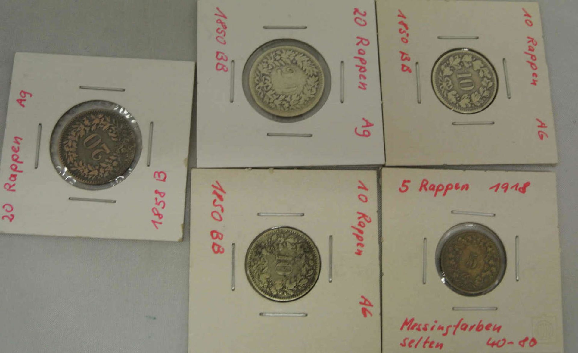 1 Lot schweizer Münzen, dabei 1x 20 Rappen 1850 BB, 2x 10 Rappen 1850 BB, 1x 20 Rappen 1858 B, sowie - Bild 2 aus 2