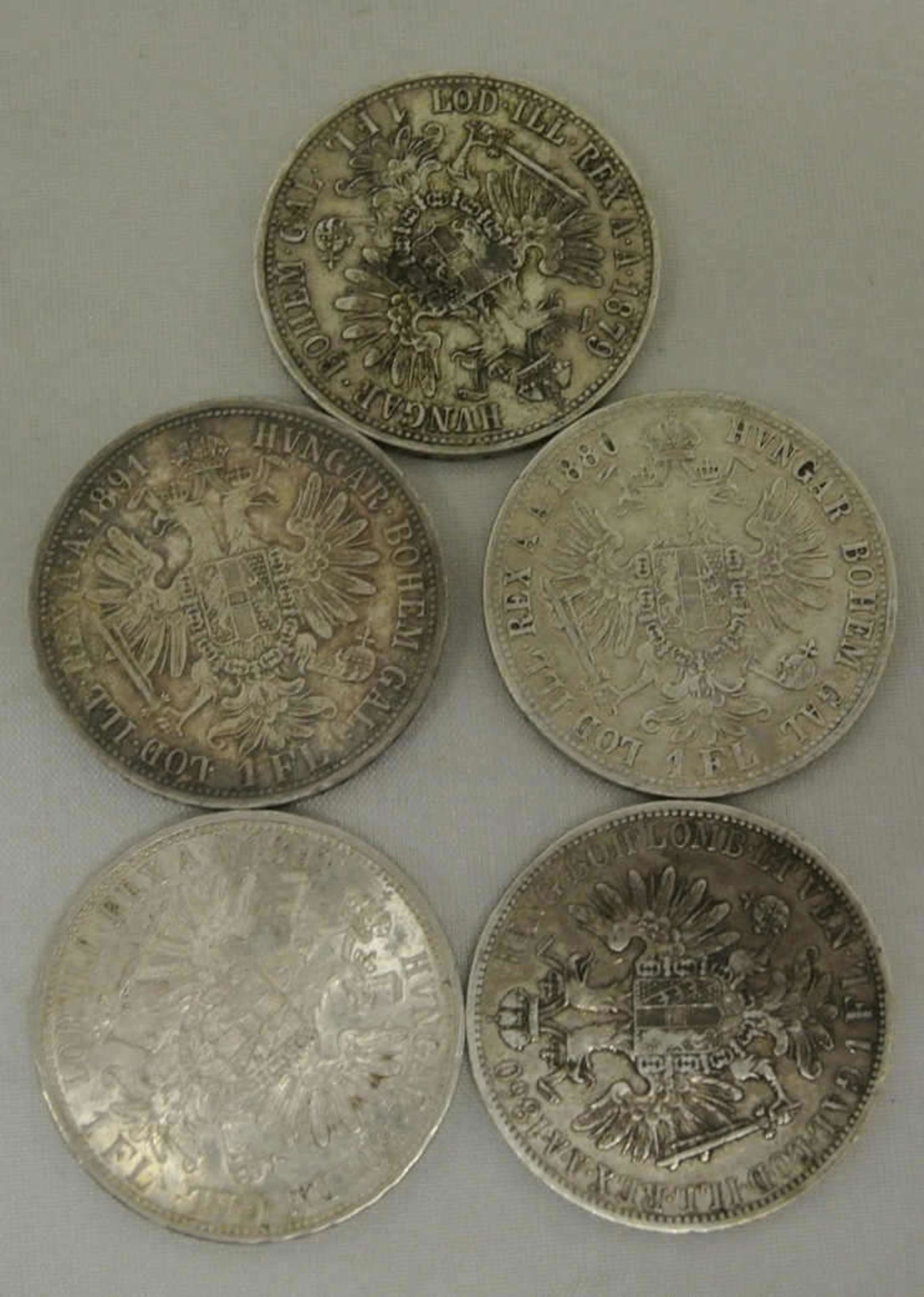 Lot Münzen Östereich, 1 Florin/Gulden, insgesamt 6 Stück, dabei 1x 1860, 1x 1879, 1x 1880, 2x - Bild 2 aus 2