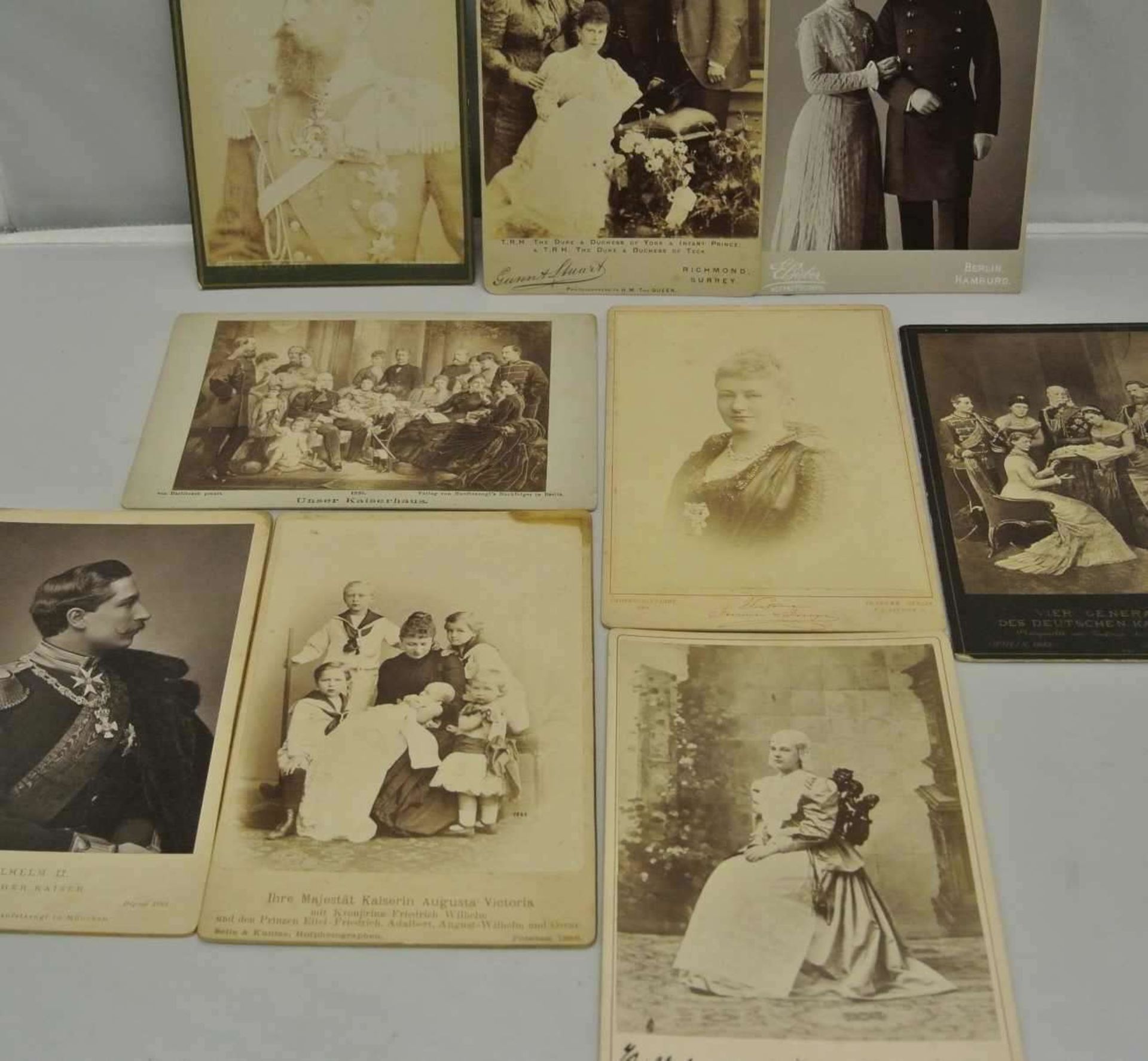 9 Holzkartonsfotos von z.Bsp.Wilhelm II Deutscher Kaiser, Victoria Kaiserin und Königin, Fürst