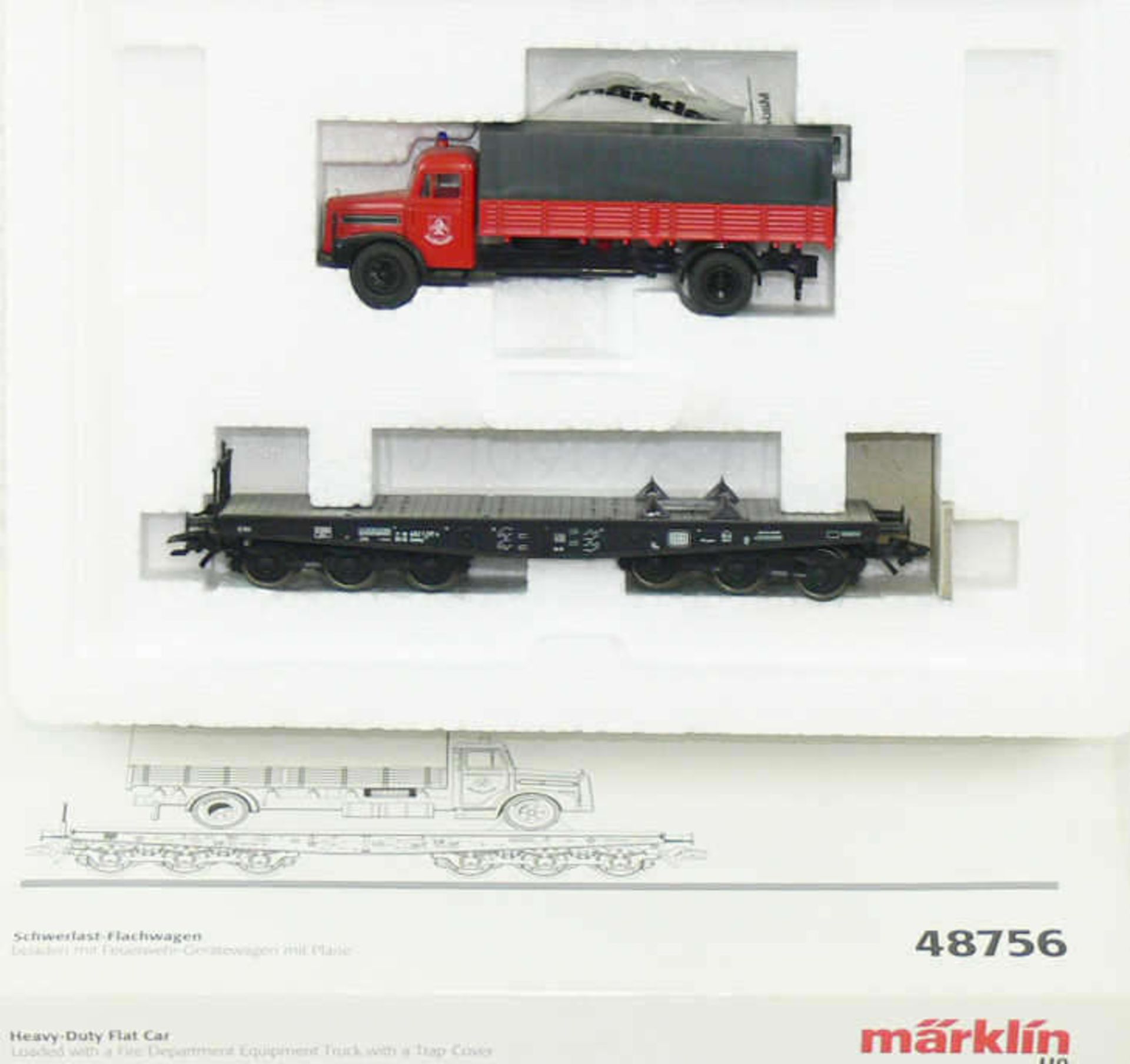 Märklin 48756, Schwerlast - Flachwagen mit Feuerwehrgerätewagen mit Plane beladen. Neuwertig in