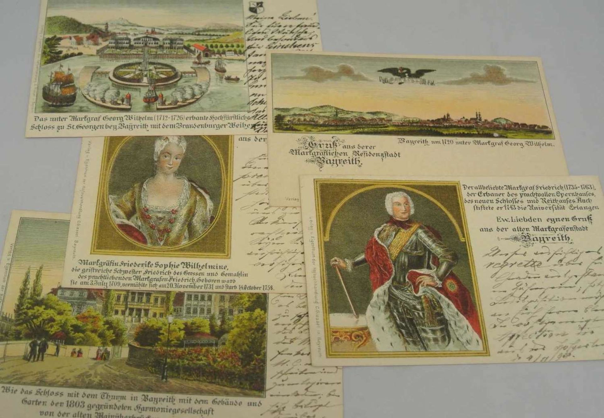 5 Grußkarten aus der Residenz in Bayreuth, 4x gelaufen, seltenere Karten mit schönen Lithographien