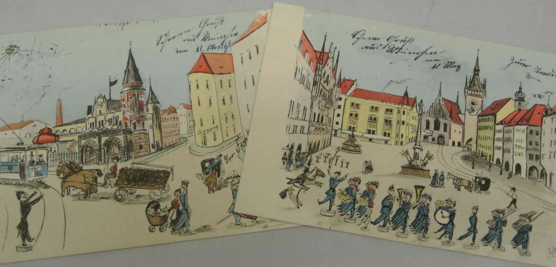 2 alte Postkarten von München mit ausgefallenen Darstellungen. 1902 gelaufen.