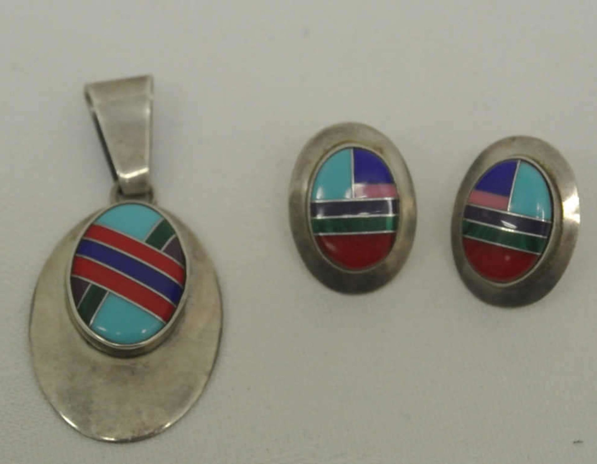 Ella Peter, Sterlingschmuckset, Navajo Indianerschmuck, Multicolor Mosaiksteine. Set bestehend aus 1