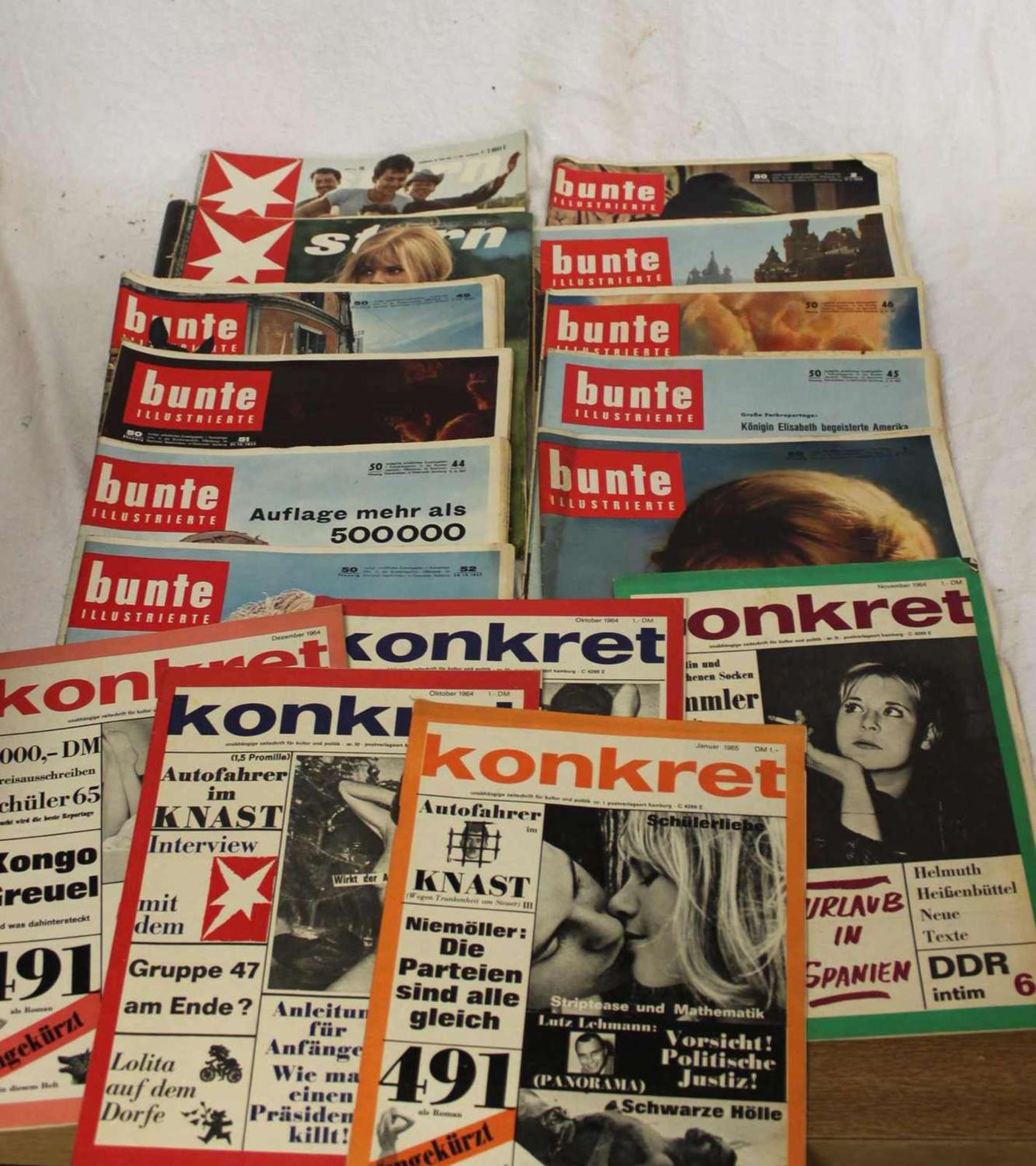 Konvolut Zeitschriften , 9 x "Bunte", Jahrgänge 1957 + 1958, sowie 4 x "Konkret" von 1964