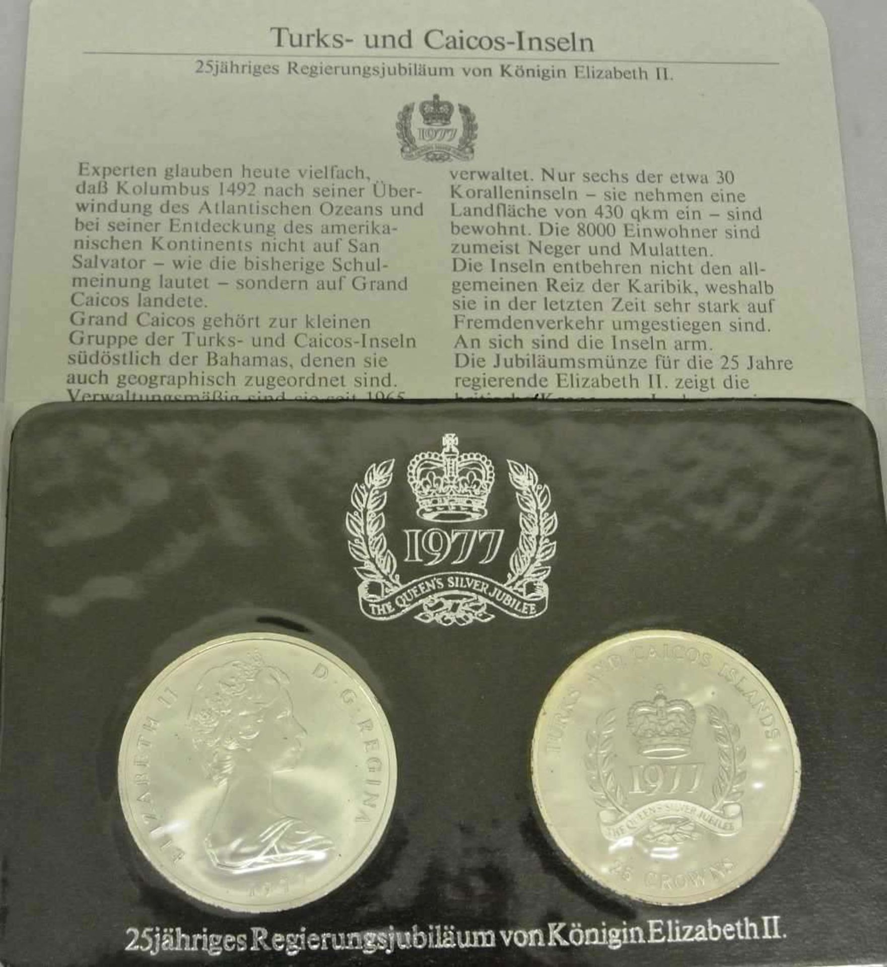 Turks- und Caicos Inseln 1977, 25jähriges Regierungsjubiläum von Königin Elisabeth II., 2x25 Kronen,