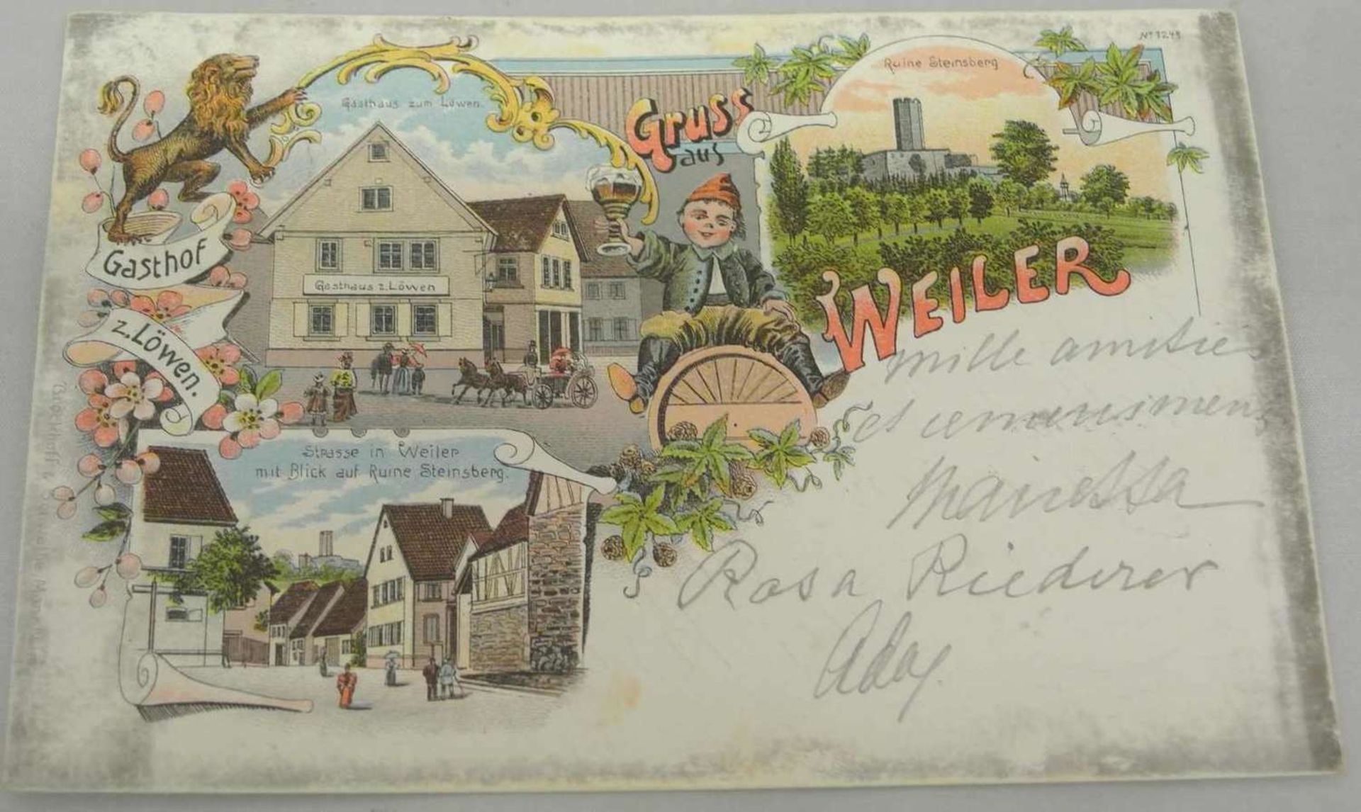 Ansichtskarte, Grußkarte Weiler bei Sinsheim, schöne Lithokarte, hier mit "Gasthaus z. Löwen", "