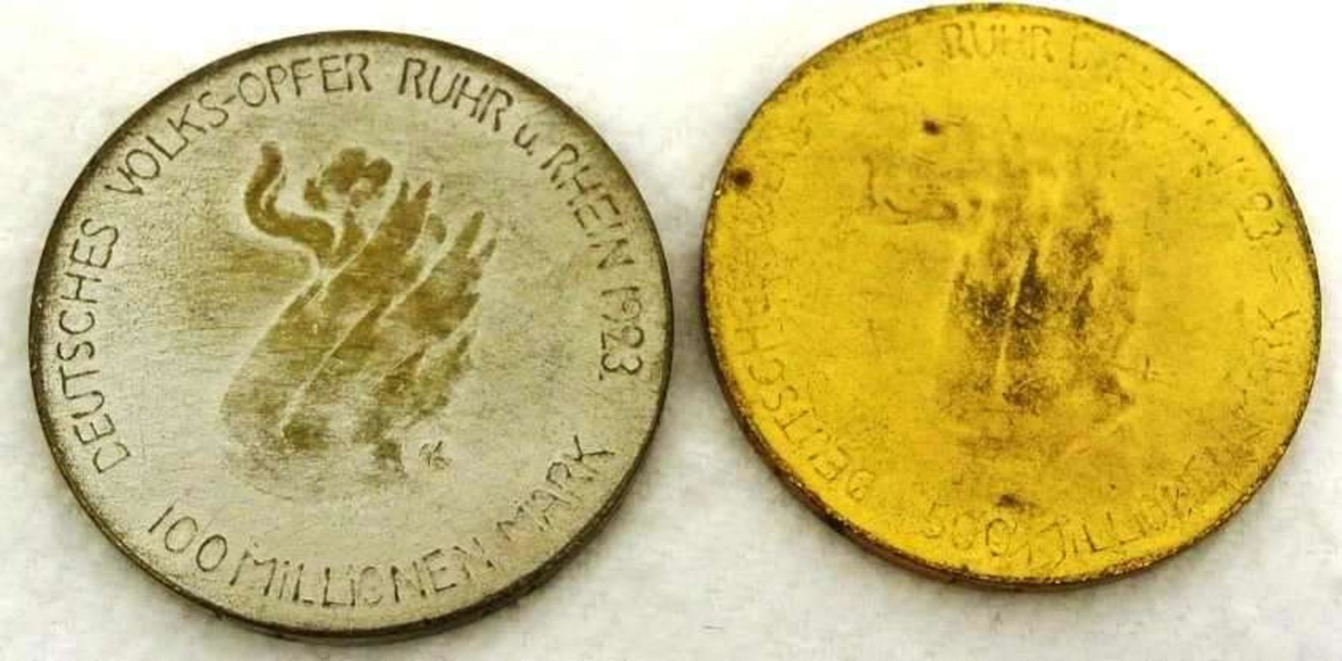 Notgeld Rhein-Ruhr Münchner Medailleure Goetz Karl, 100 und 500 Millionen Mark, Deutsches Volksopfer
