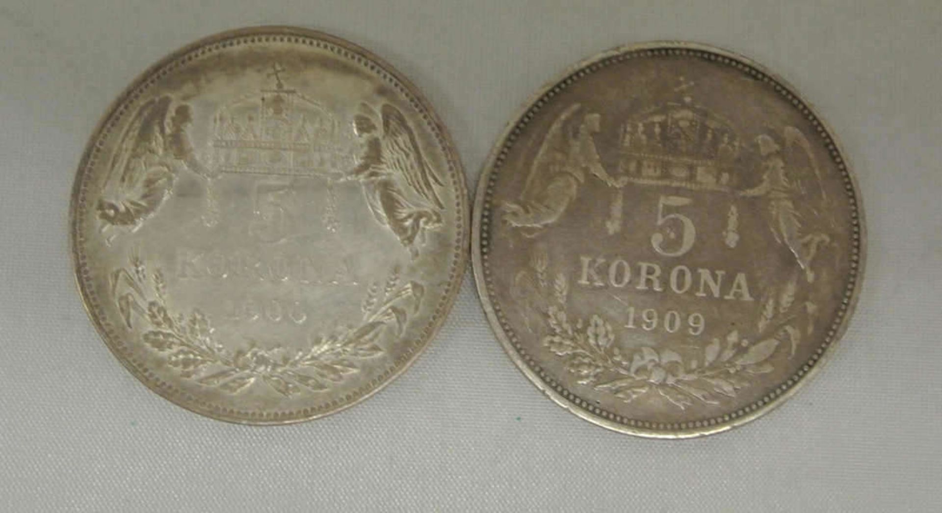 Österreich Franz Joseph I, 2x 5 Korona 1900/1909, Erhaltung: schön - sehr schön+ - Bild 2 aus 2