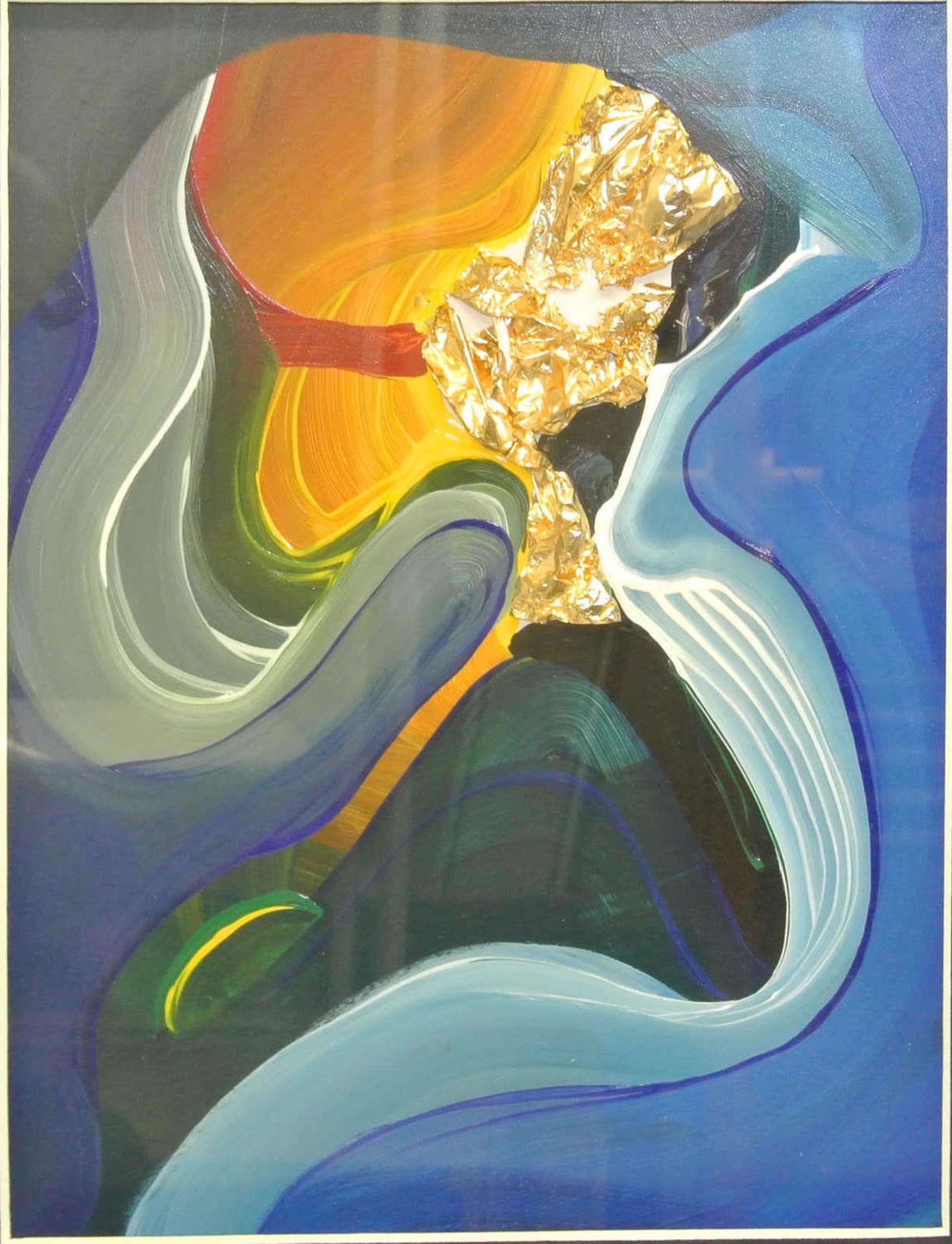 abstraktes Gemälde mit aufgesetzter Goldfolie, Innenmaße des Blattes ca 40 cm hoch, ca 32 cm - Bild 2 aus 2