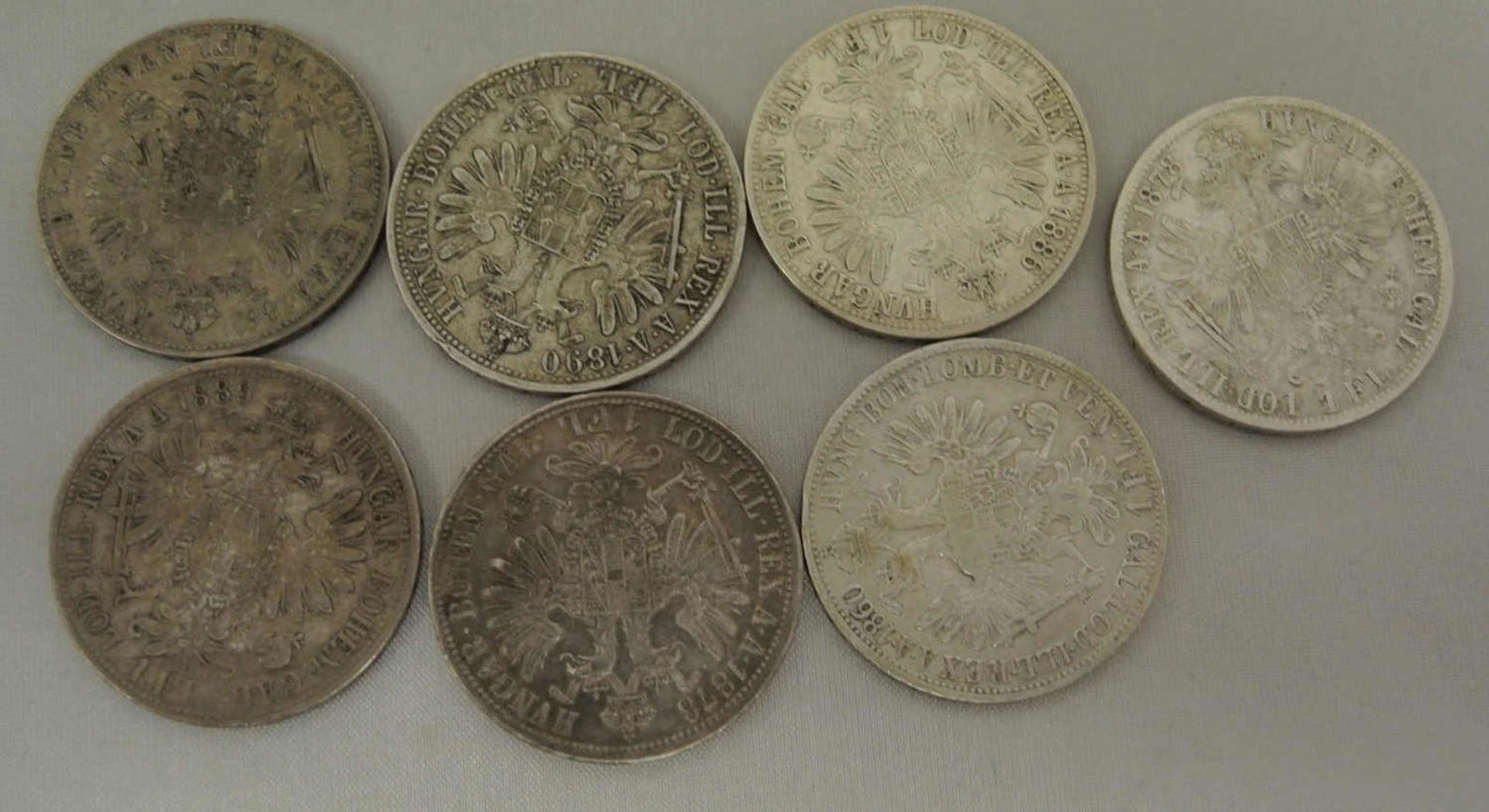 Lot Münzen Österreich, 1 Florin/Gulden insgesamt 7 Stück, dabei 1x 1860, 1x 1861, 2x 1878, 1x 1886 - Bild 2 aus 2