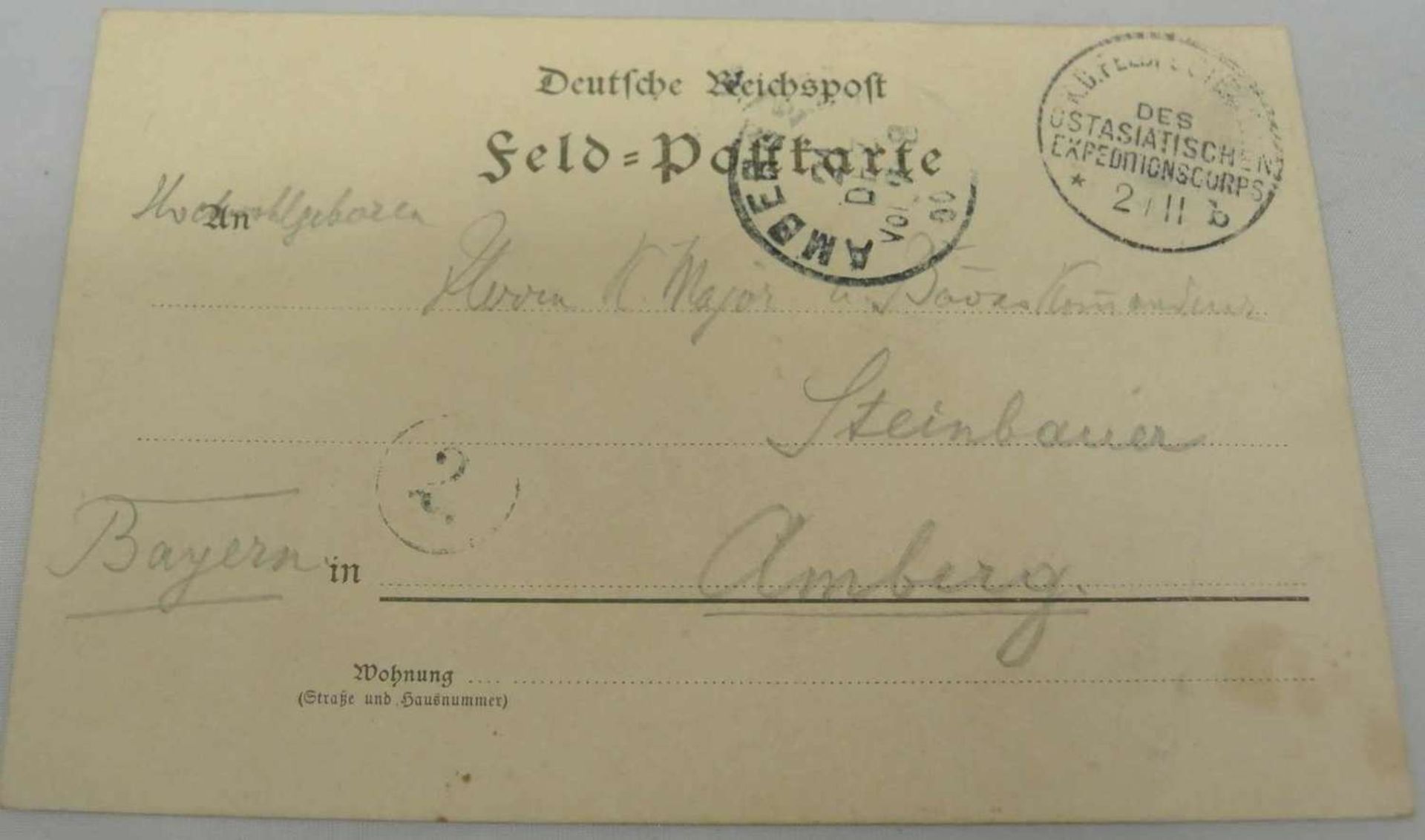 Feldpostkarte mit Stempel des Ostasiatischen Expeditionscorps aus dem Lager Tientsin vom 2.11.(00)