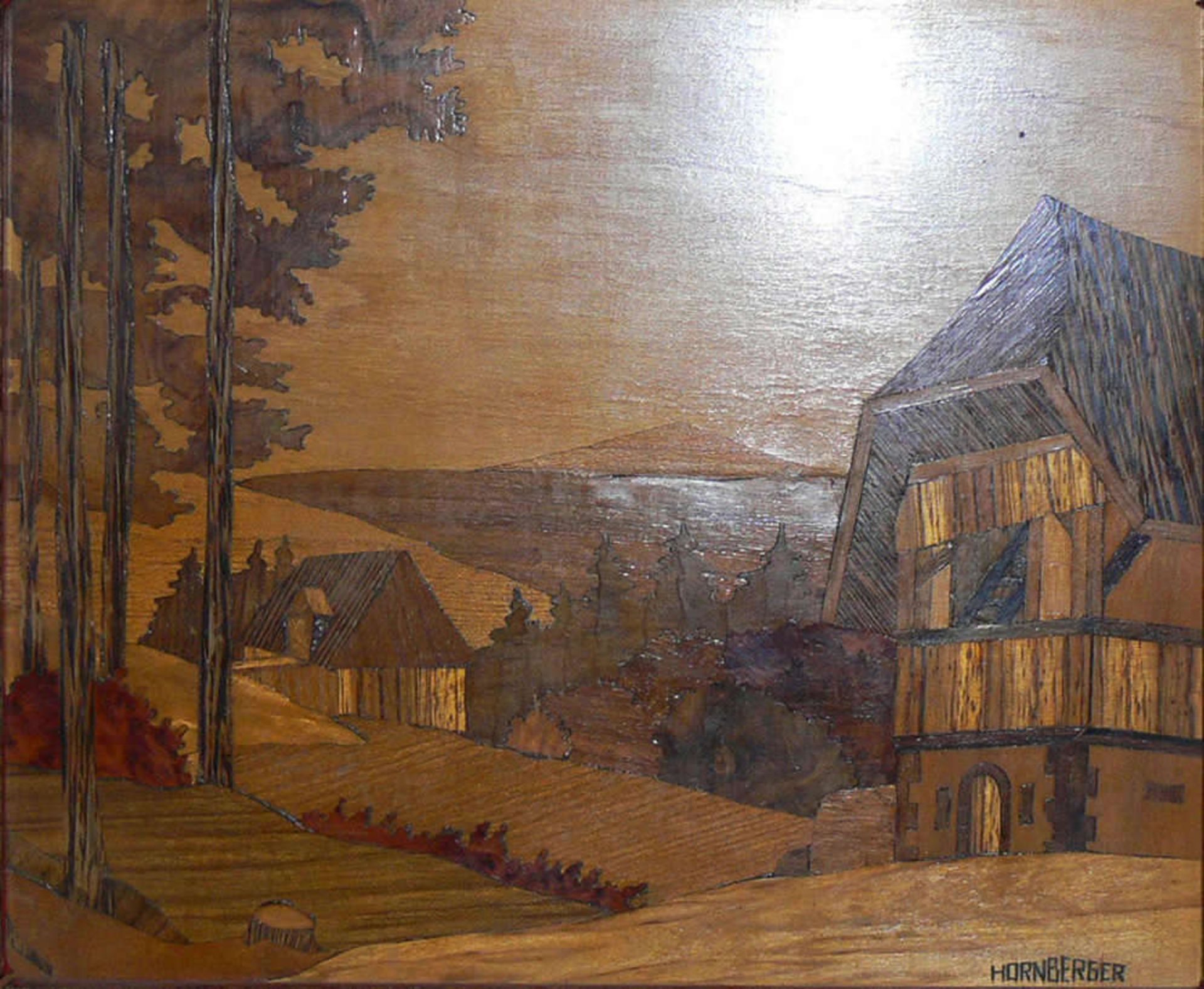 Hornberger, Holzintarsienbild "Schwarzwaldlandschaft", rechts unten Signatur Hornberger, gerahmt.