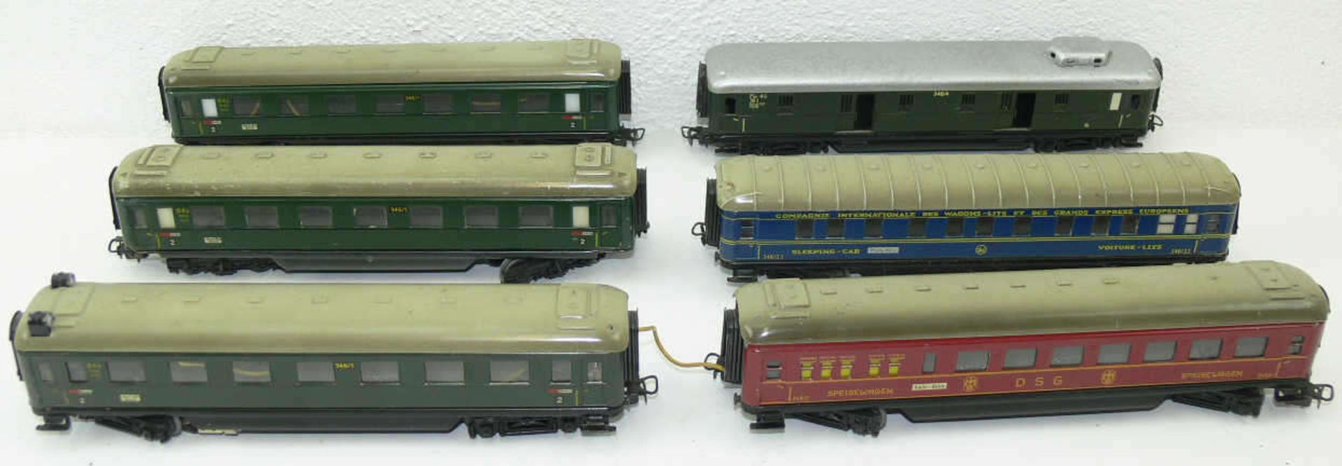 Märklin H0, Konvolut Schürzenwagen, bestehend aus: 3 x 346/1, 346/2, 346/3J, 346/4. Mit Laufspuren.