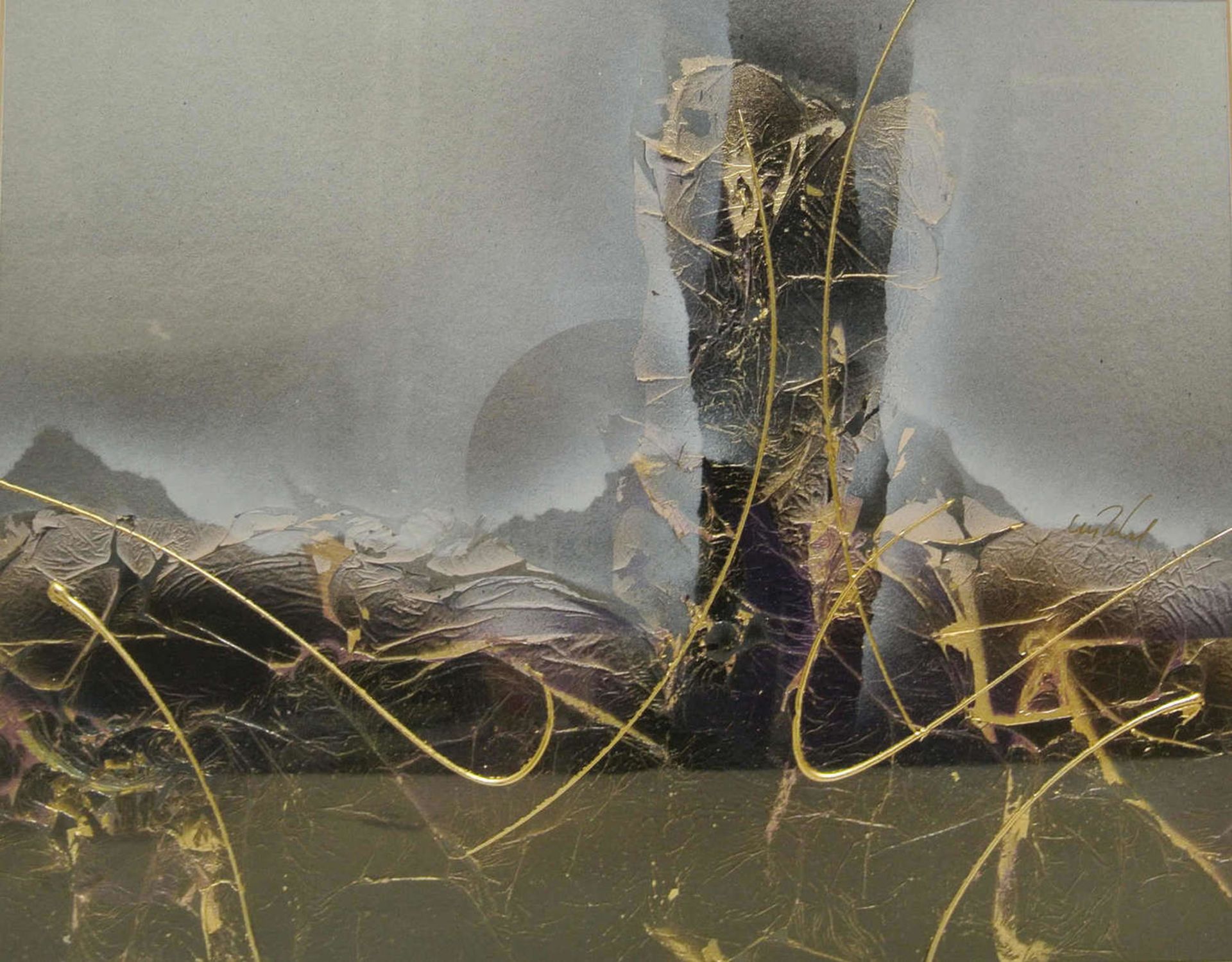 abstraktes Gemälde mit dicker Goldschicht im passenden Studio Glasrahmen, Innenmaße ca. 48 cm breit, - Bild 2 aus 2