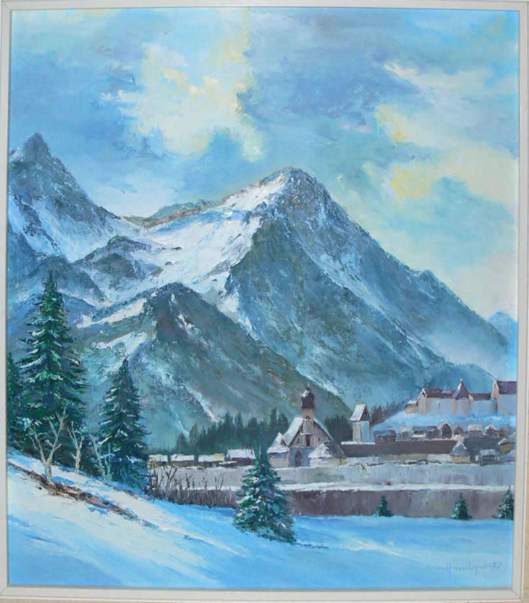 Hornberger, Ölgemälde auf Hartfaserplatte "Füssen St. Mang mit Säulingsmassiv", Hornberger77,