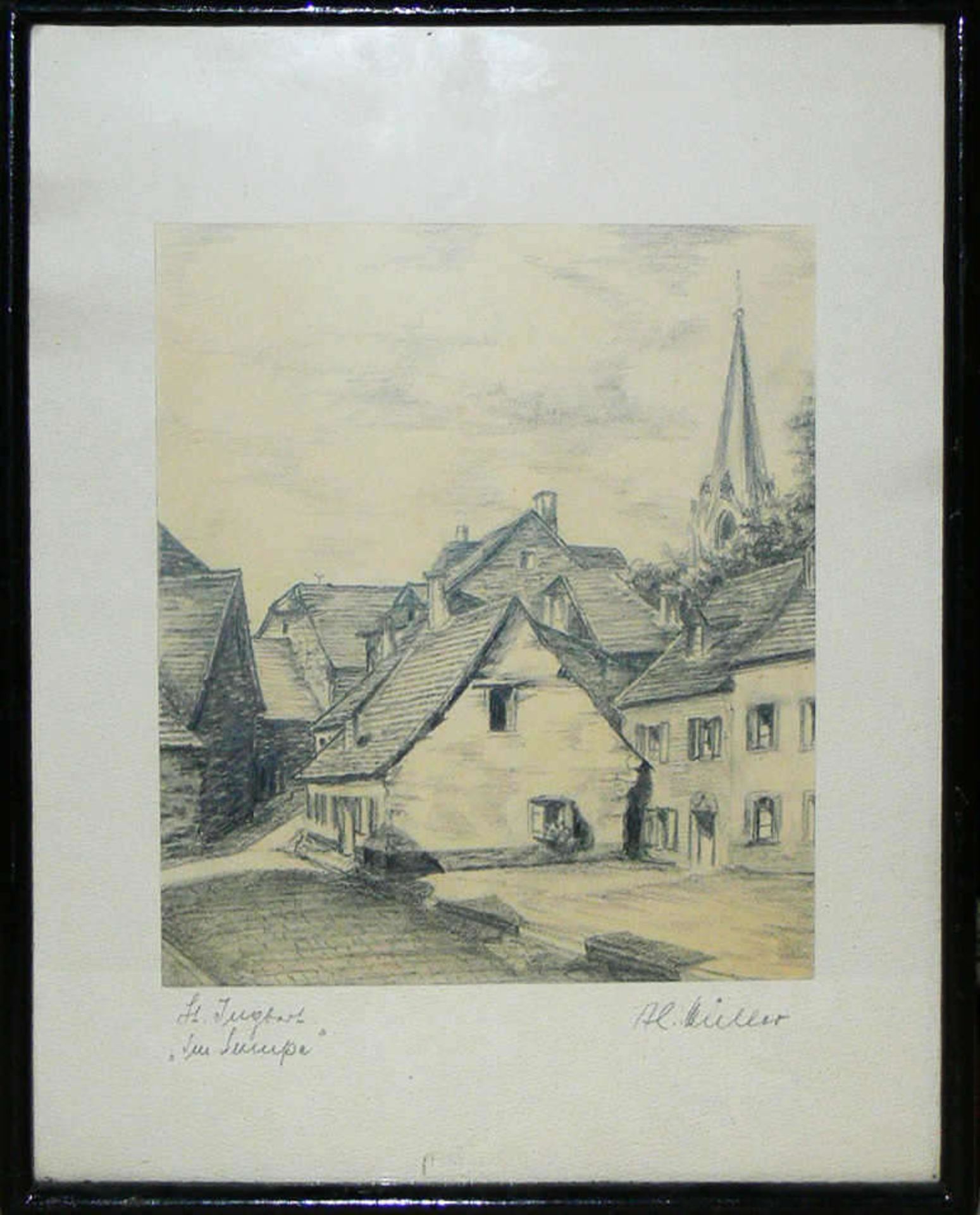 Albert Müller, Bleistiftzeichnung auf Papier "St. Ingbert", rechts unten Signatur Al.Müller,