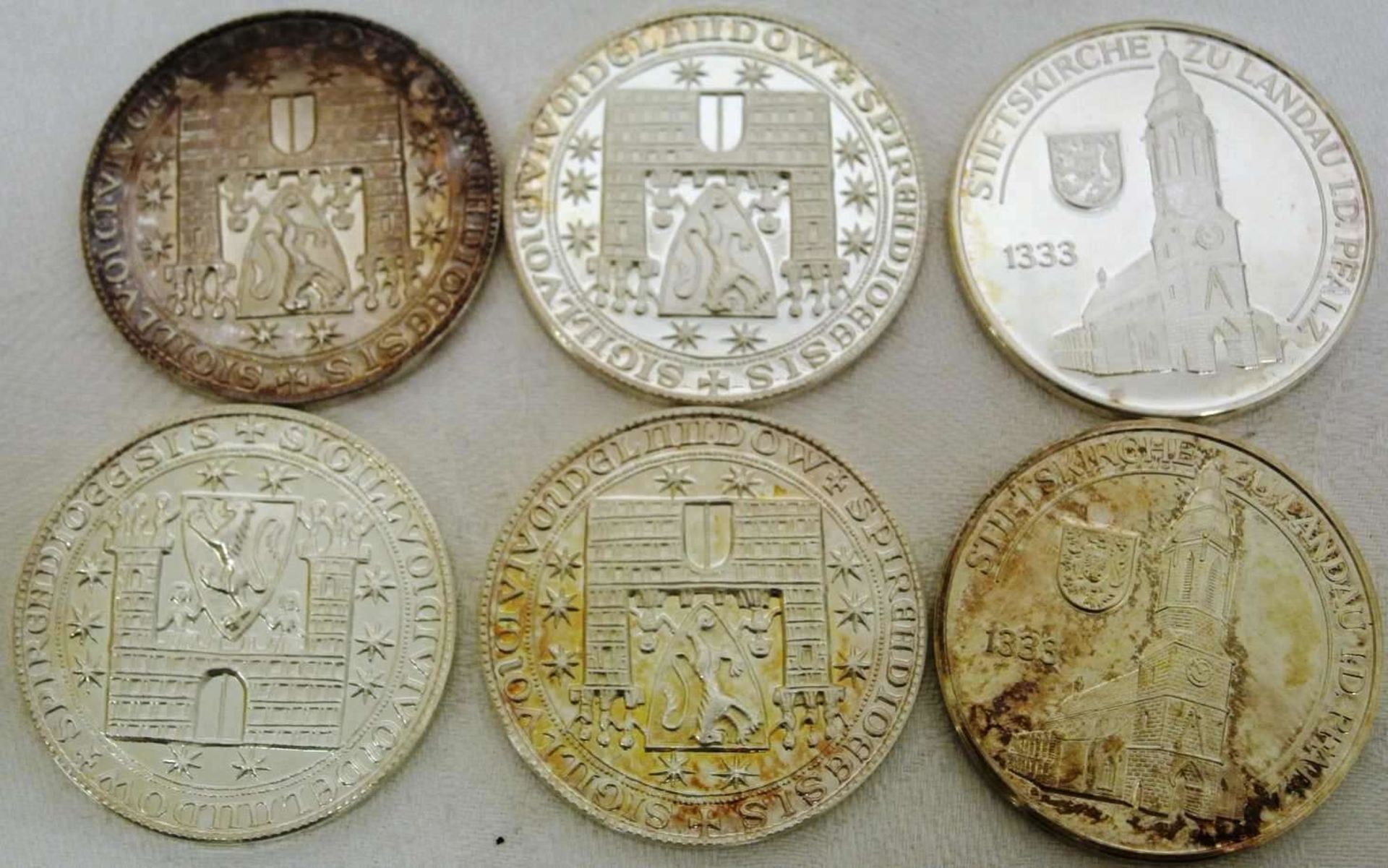Lot Silbermedaillen, "Stadt Landau", insgesamt 6 Stück, 1000er Silber, Gewicht ca. 87 gr
