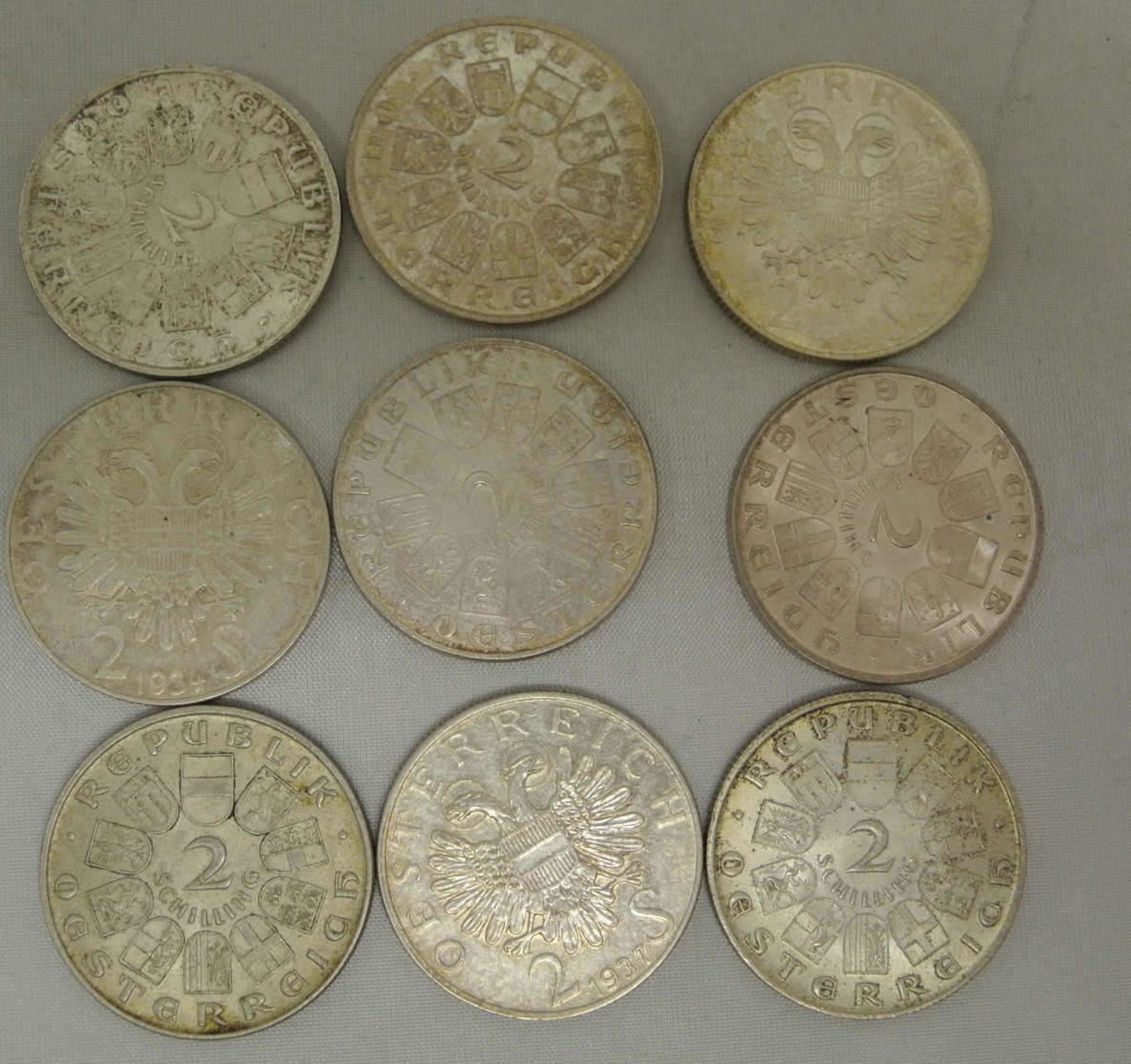 Lot Österreich Silbermünzen, 2 Schilling insgesamt 9 Stück von 1928 - 1937