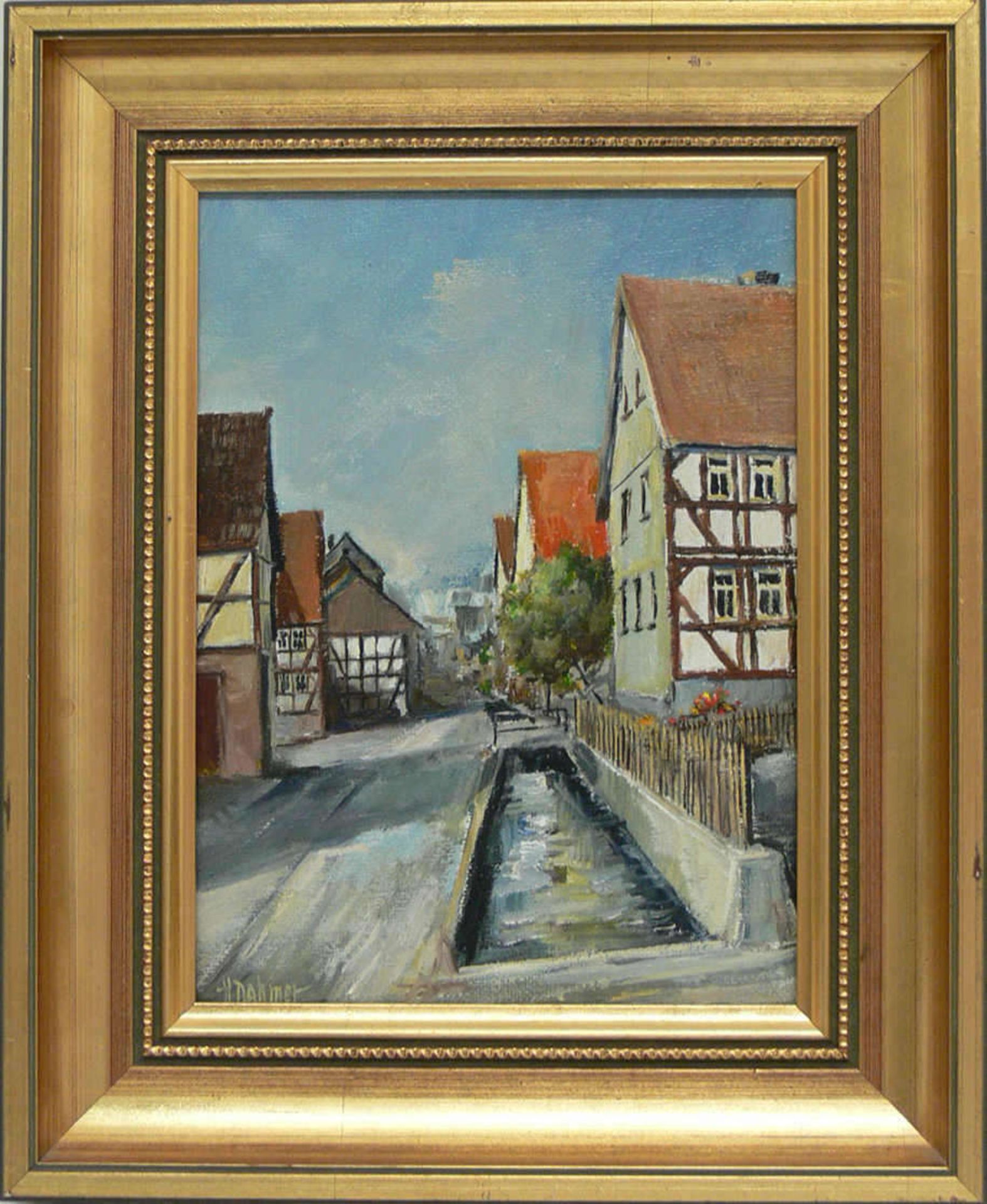 Dahmer, Ölgemälde, "Dorfstrasse mit Wasserlauf", Maße: Höhe ca. 25 cm, Breite ca. 19 cm