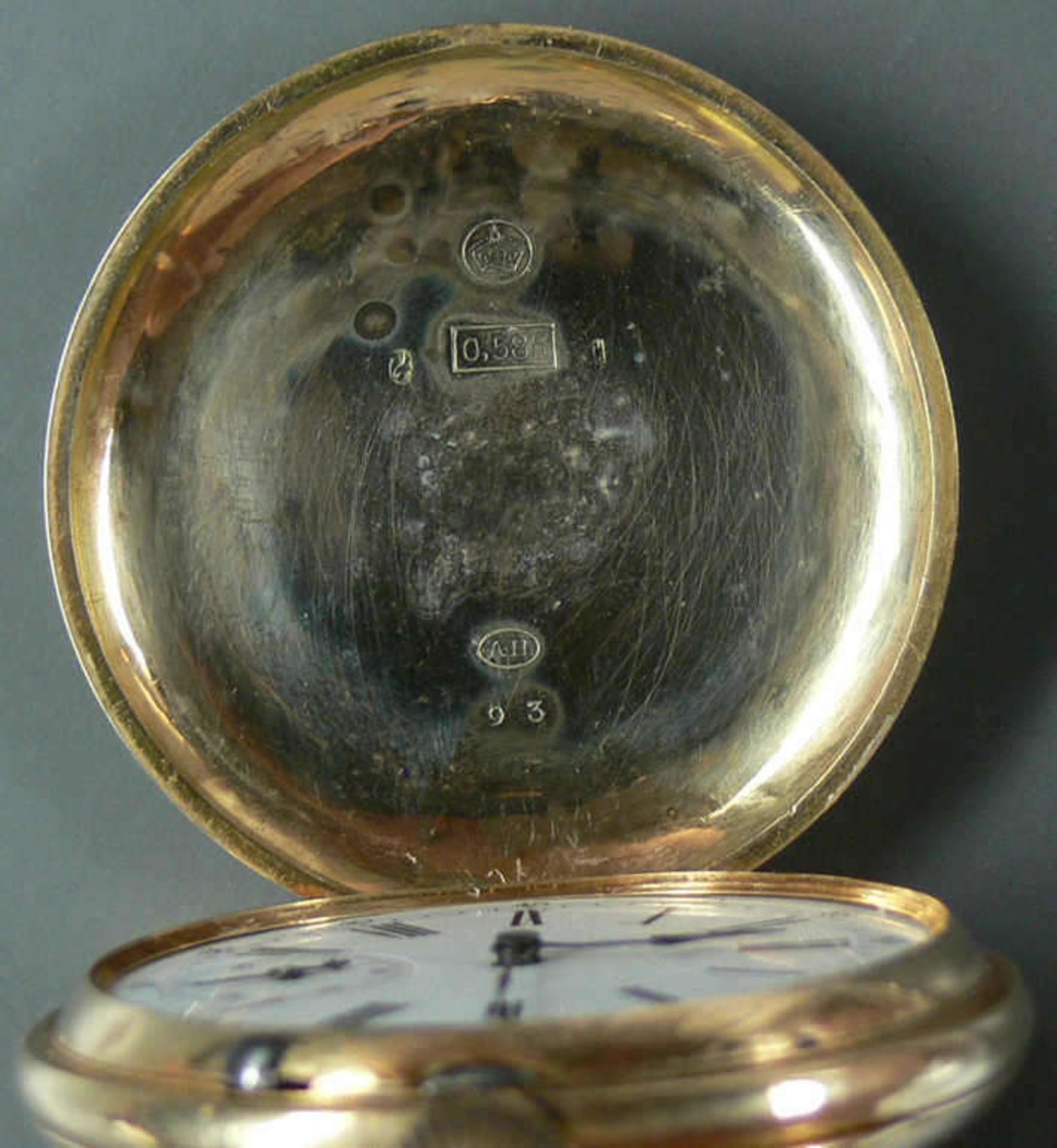 Gold - Taschenuhr "AH = Adolf Hanhart, Gutenbach". Beide Deckel 585er Gold - Punze. Innendeckel - Bild 3 aus 6