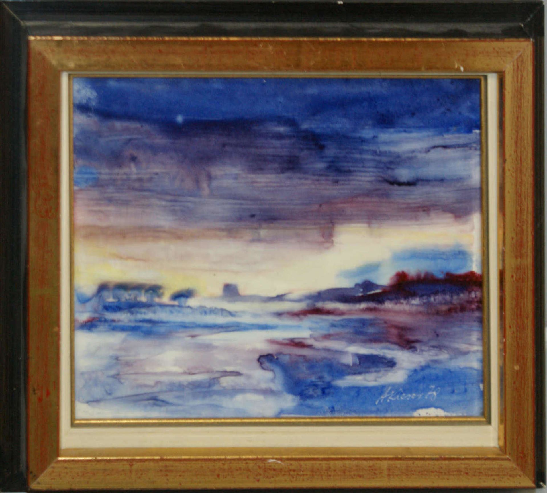 A. Kieser, Aquarell "Blaue Landschaft", hinter Glas gerahmt, rechts unten Signatur A.Kieser78.