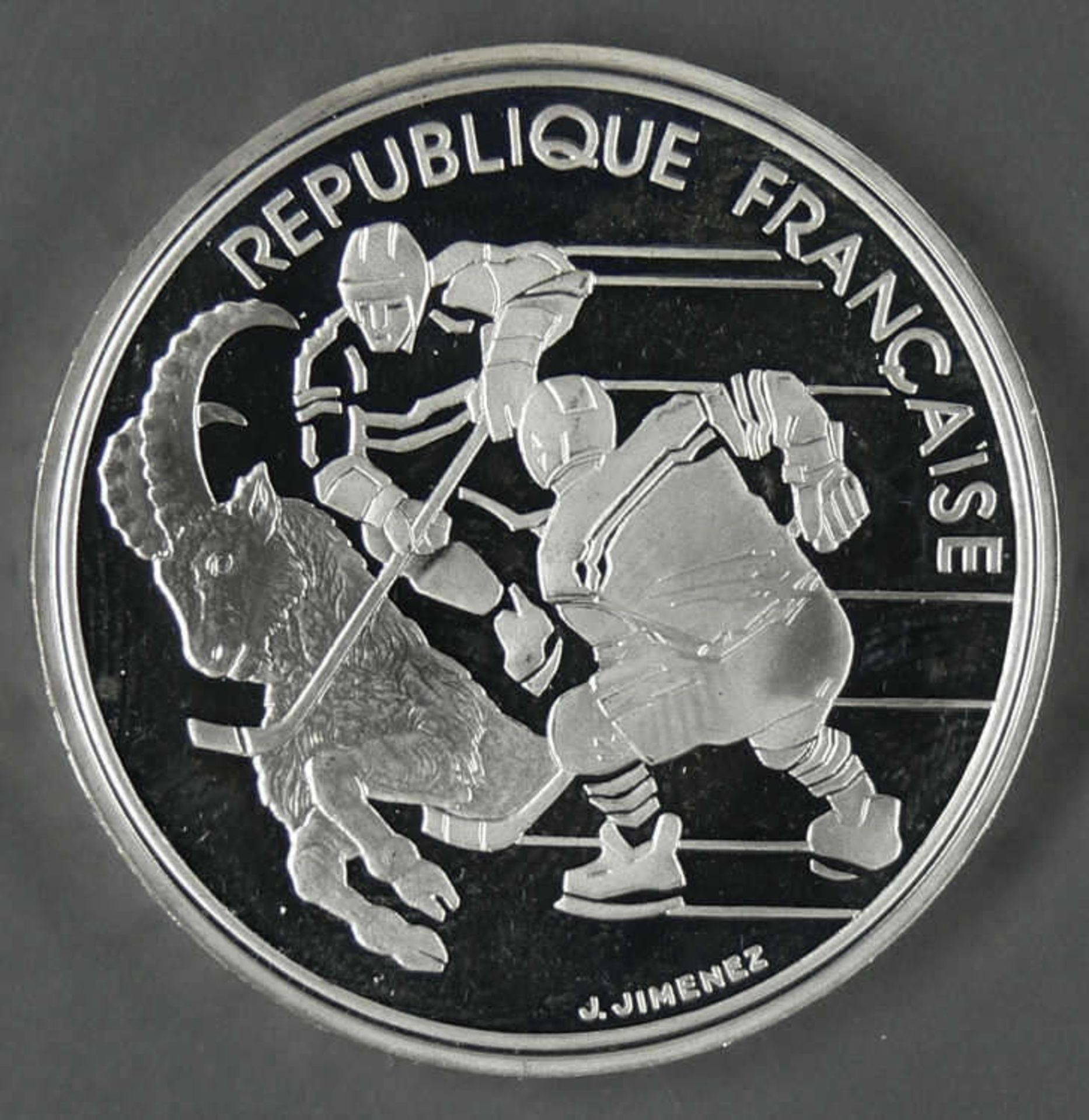 Frankreich 1990, 100.- Francs - Silbermünze "Olympische Spiele 1992 Albertville - Eishockeyspieler".