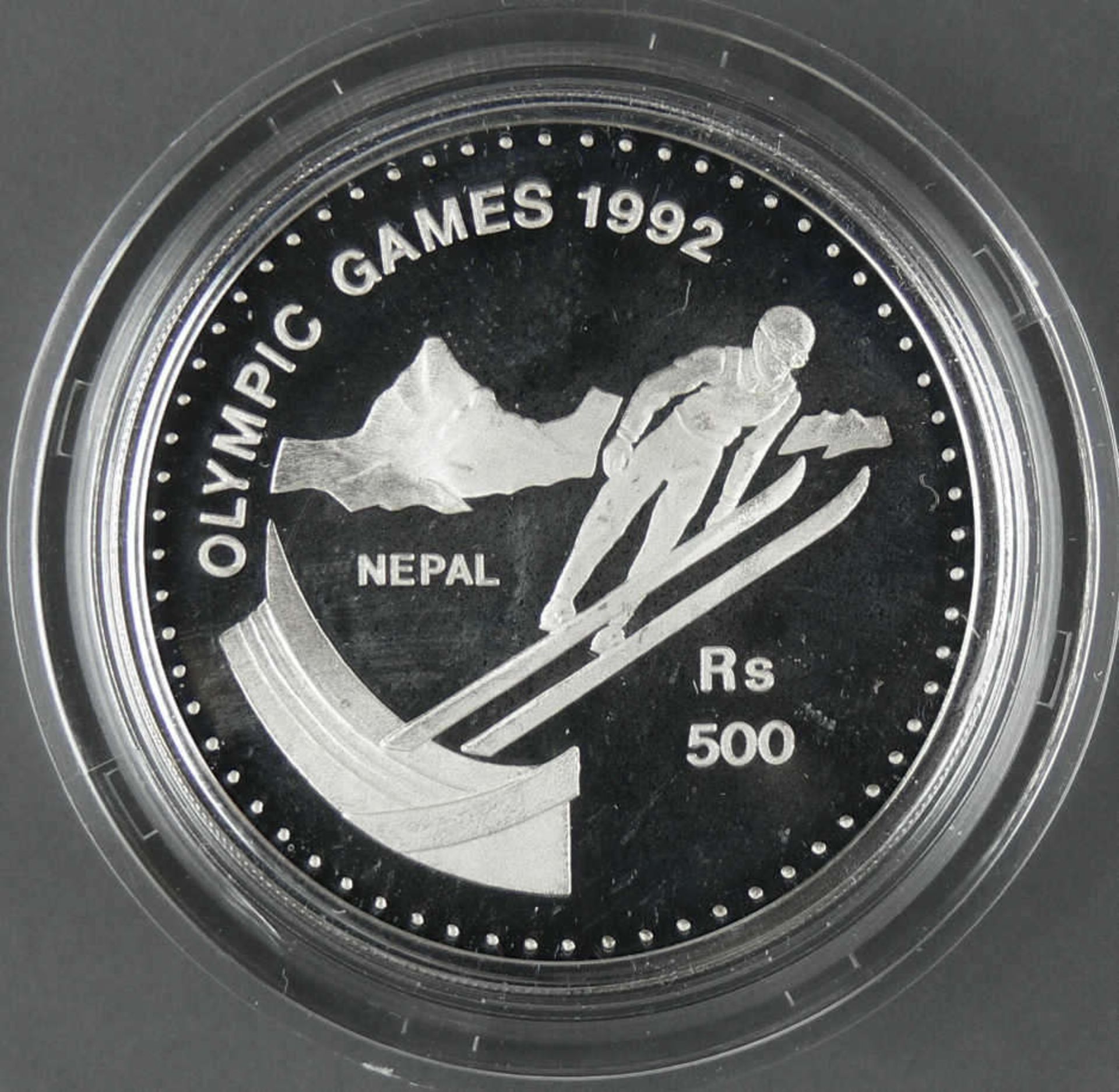 Nepal 1992, 500.- Rupees - Silbermünze "Olympische Spiele 1992 - Skispringer". Silber 925.
