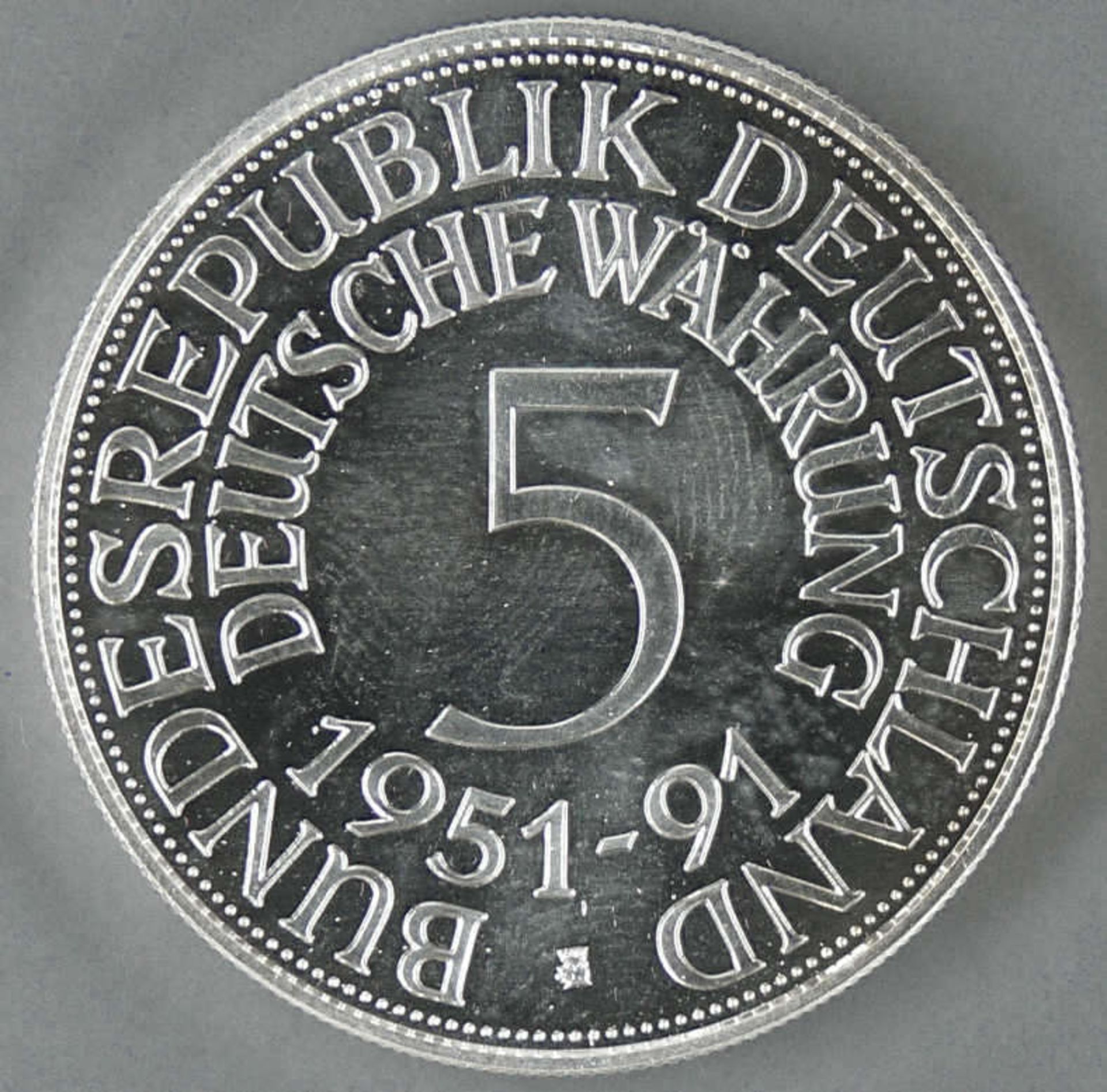 5.- DM - Silbermünze 1991. Silber 999. Gewicht: 1 Unze, Durchmesser: ca. 40 mm. Mit Zertifikat.