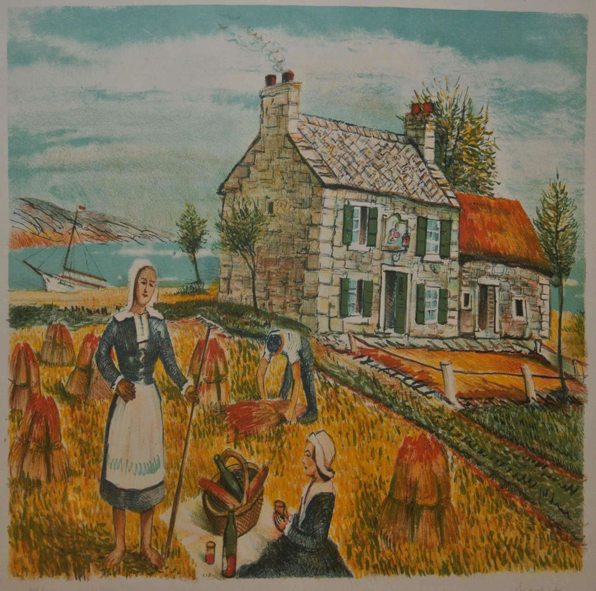 Alois Lecoque, 1891-1981, 2 Lithographien, 1x "Mittagspause in der Bretagne auf dem Feld" Auflage