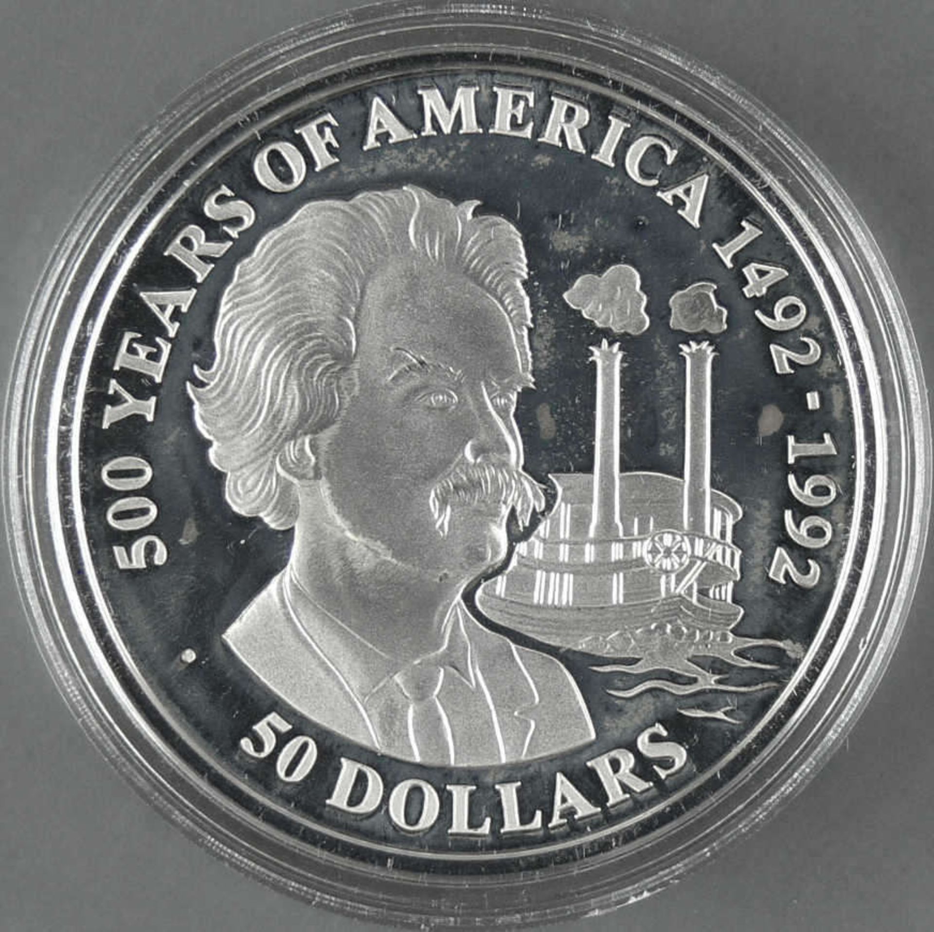 Cook Islands 1990, 50.- Dollars - Silbermünze "500 Jahre Entdeckung von Amerika - Mark Twain and