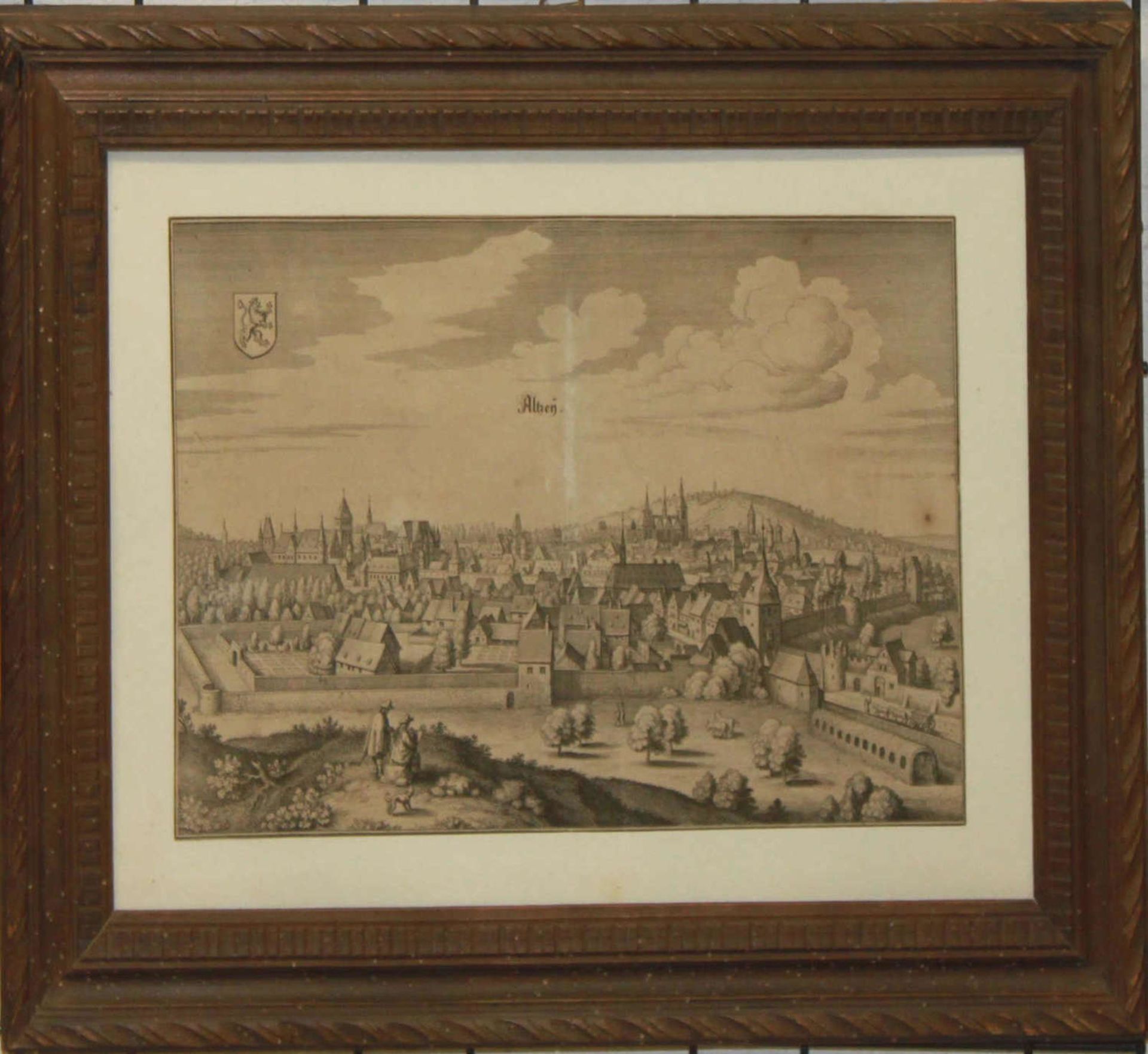 Merian Stich "Altzen", hinter Glas, im altem Rahmen. Maße Höhe ca. 22 cm, Breite ca. 35 cm Merian