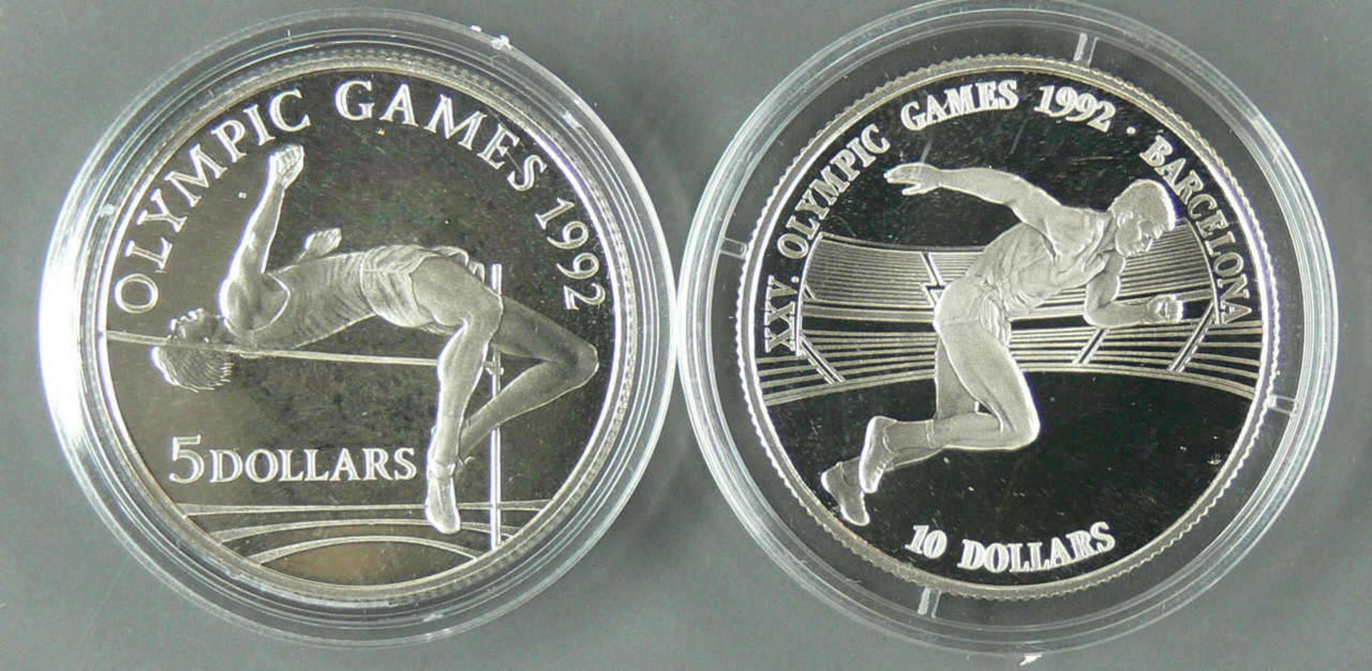 Cook Islands 1990/92, zwei Silbermünzen "Olympische Spiel in Barcelona", 1 x 5.- Dollars und 1 x