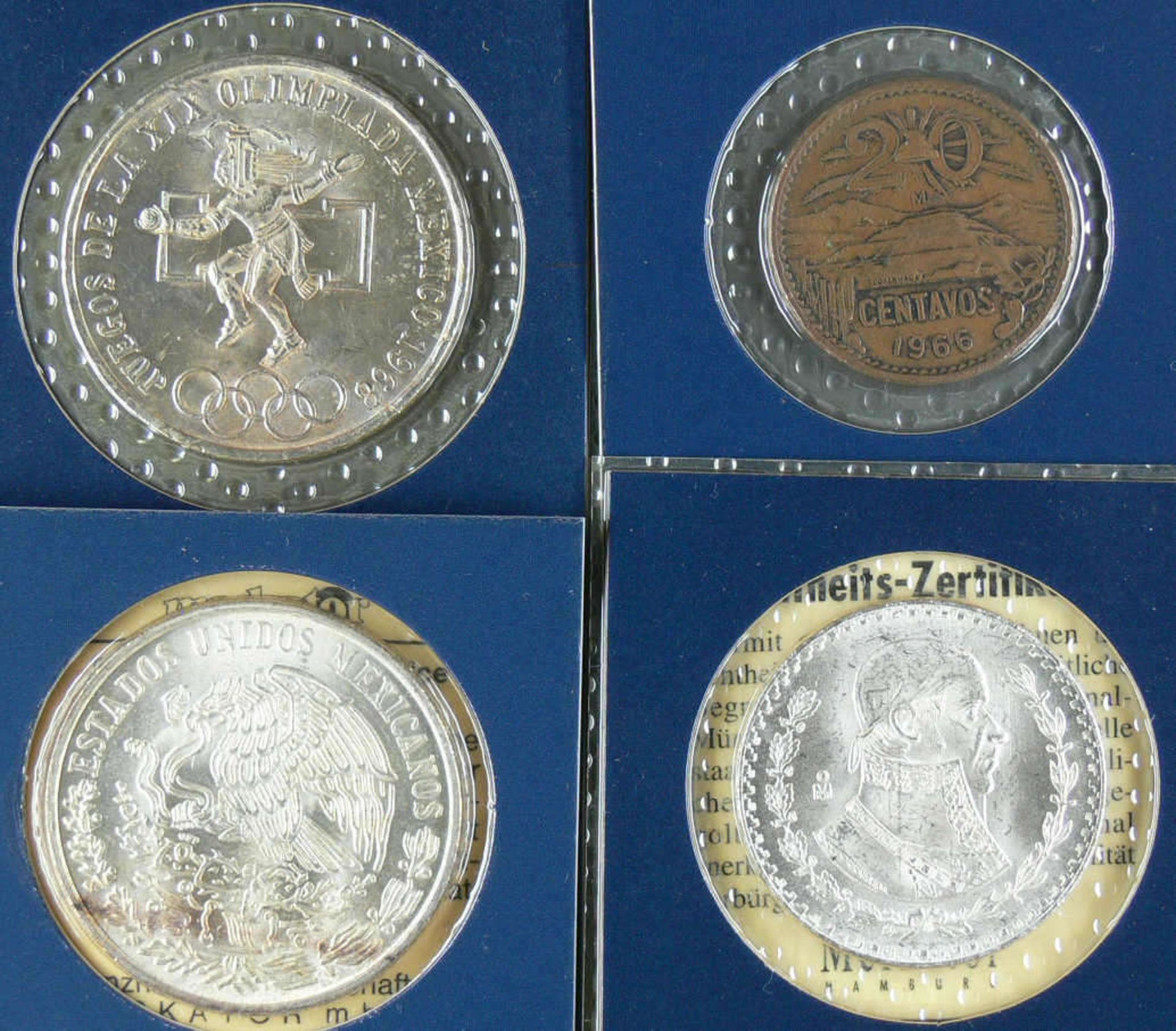 Mexico 1962 - 78, Lot aus vier Münzen, bestehend aus: 1. 1978 100 Pesos - Silbermünze, 1968 25 Pesos