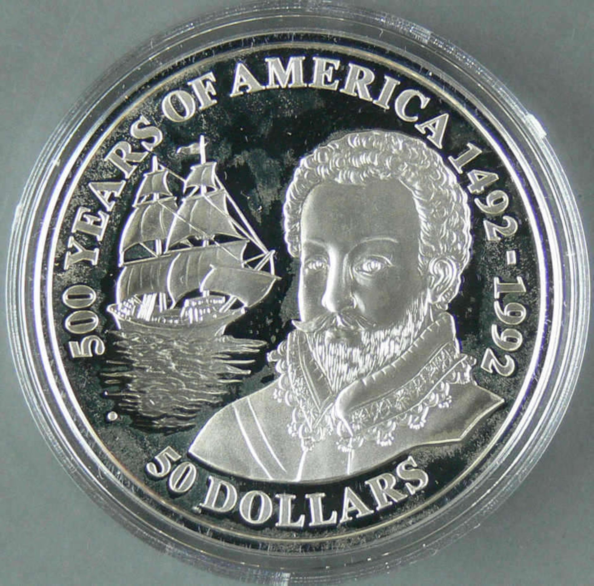 Cook Islands 1990, 50.- Dollars - Silbermünze "500 Jahre Entdeckung von Amerika - Francis Drake with