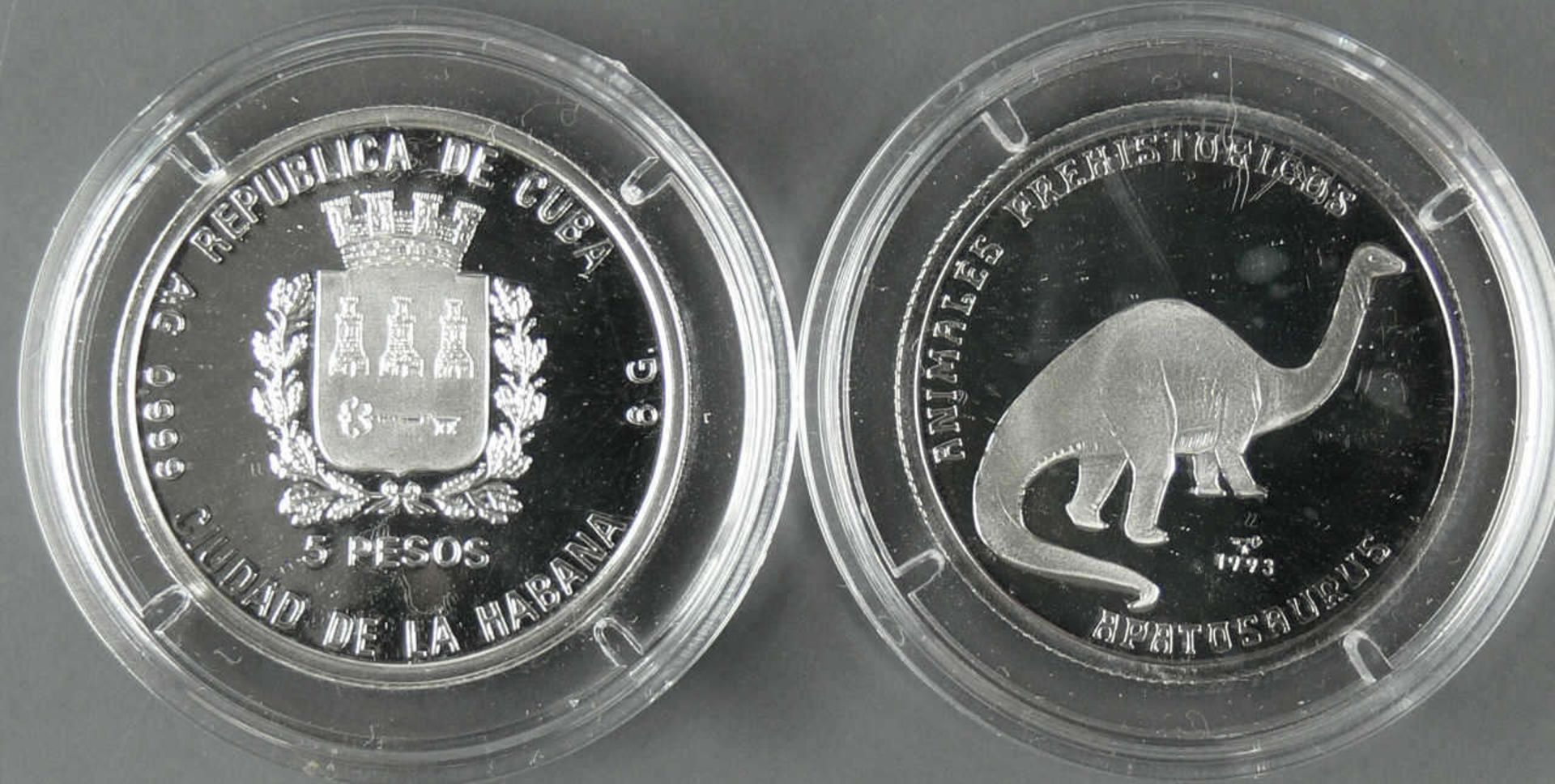 Kuba 1993, zwei 5.- Pesos - Silbermünzen " Apatosaurus". Durchmesser: 30 mm. Gewicht: 6 g. Silber