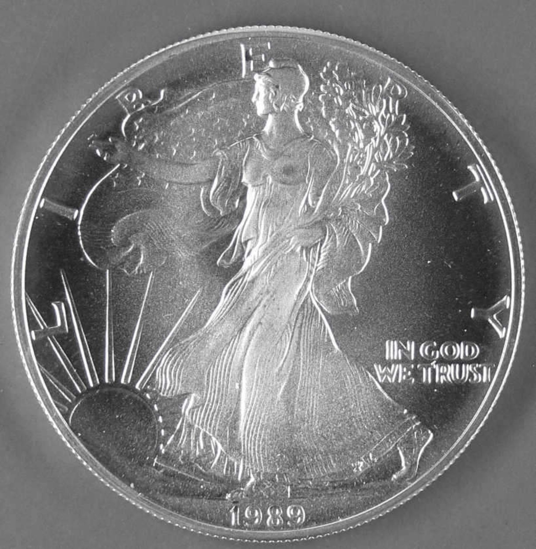 USA 1989, 1.- Dollar - Silbermünze "schreitende Liberty". Durchmesser: 40,6 mm, Gewicht 1 oz.,