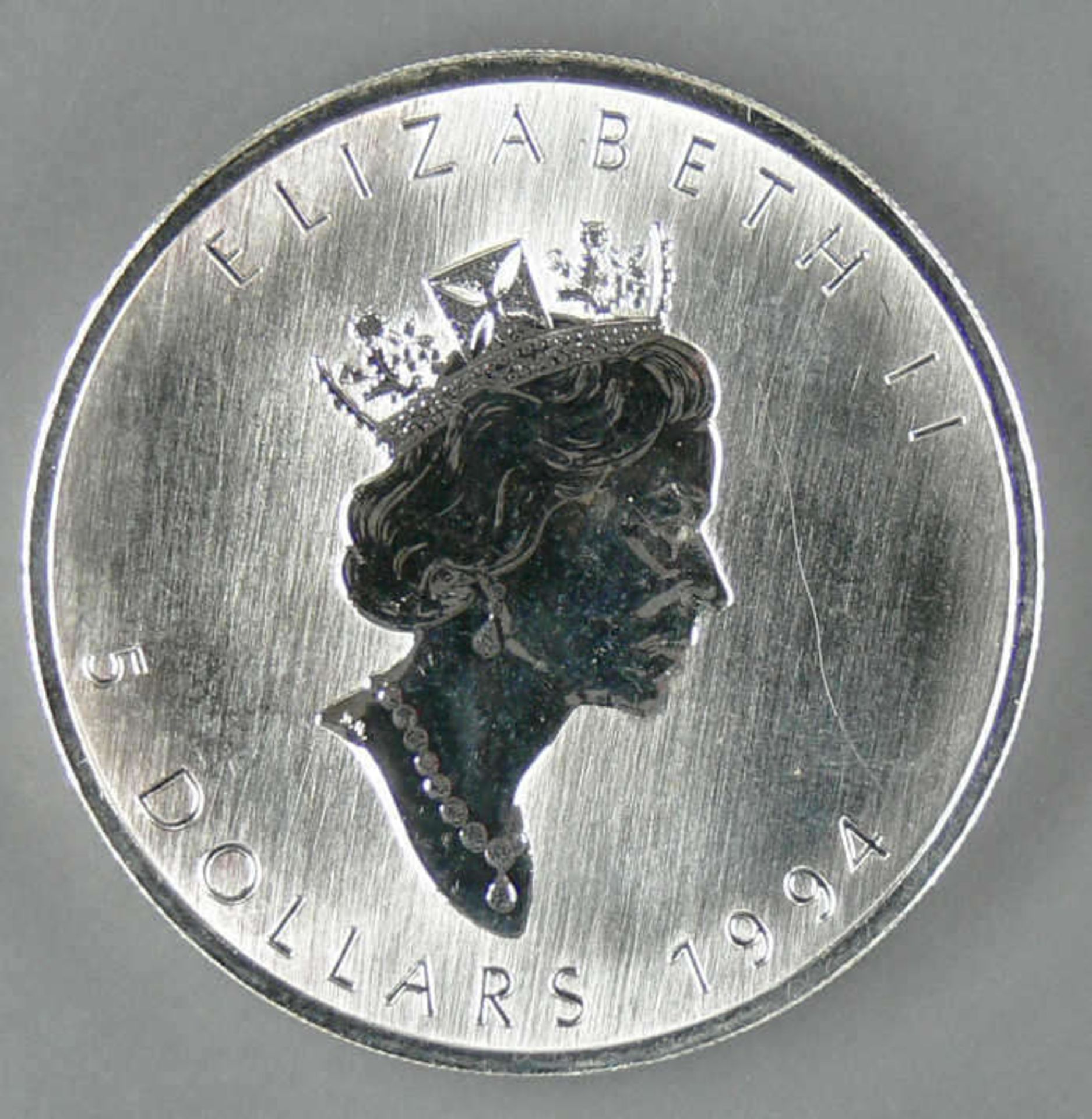 Kanada 1994, 5.- Dollar - Silbermünze "Maple Leaf". Silber 999, Gewicht: 1 oz. Mit Zertifikat. - Image 2 of 2