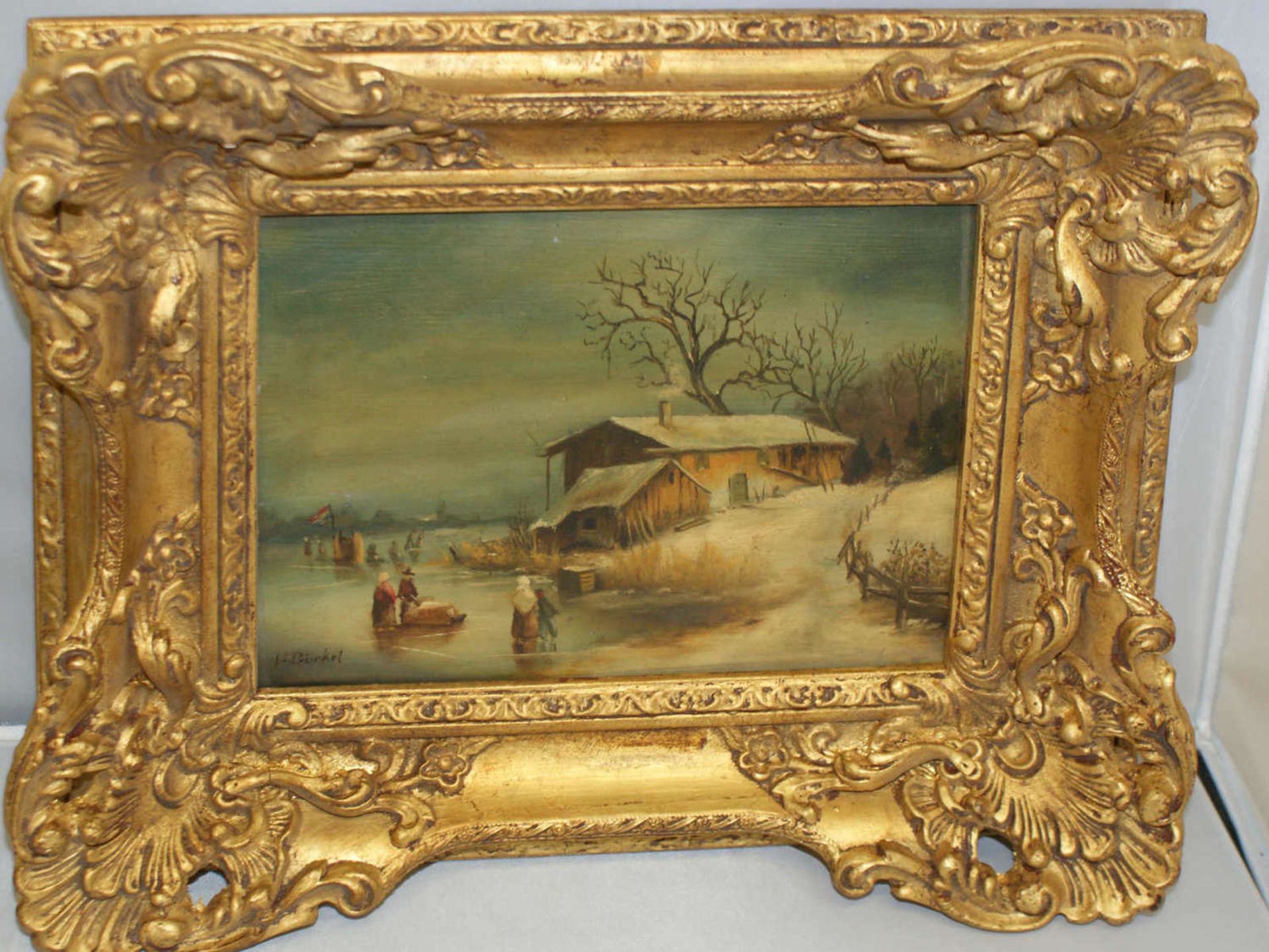 wohl Heinrich Bürkel (1802-1869), Ölgemälde auf Holz "Winterlandschaft in Holland", links unten