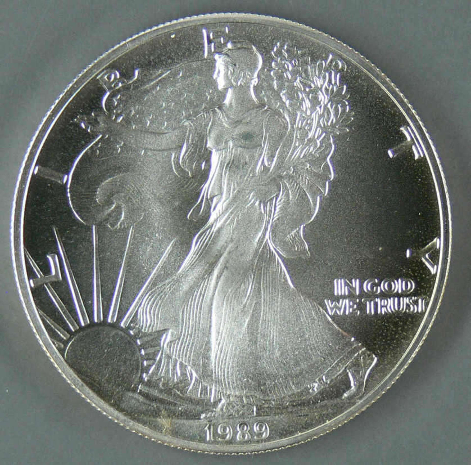 USA 1989, 1.- Dollar - Silbermünze "schreitende Liberty". Durchmesser: 40,6 mm, Gewicht 1 oz.,