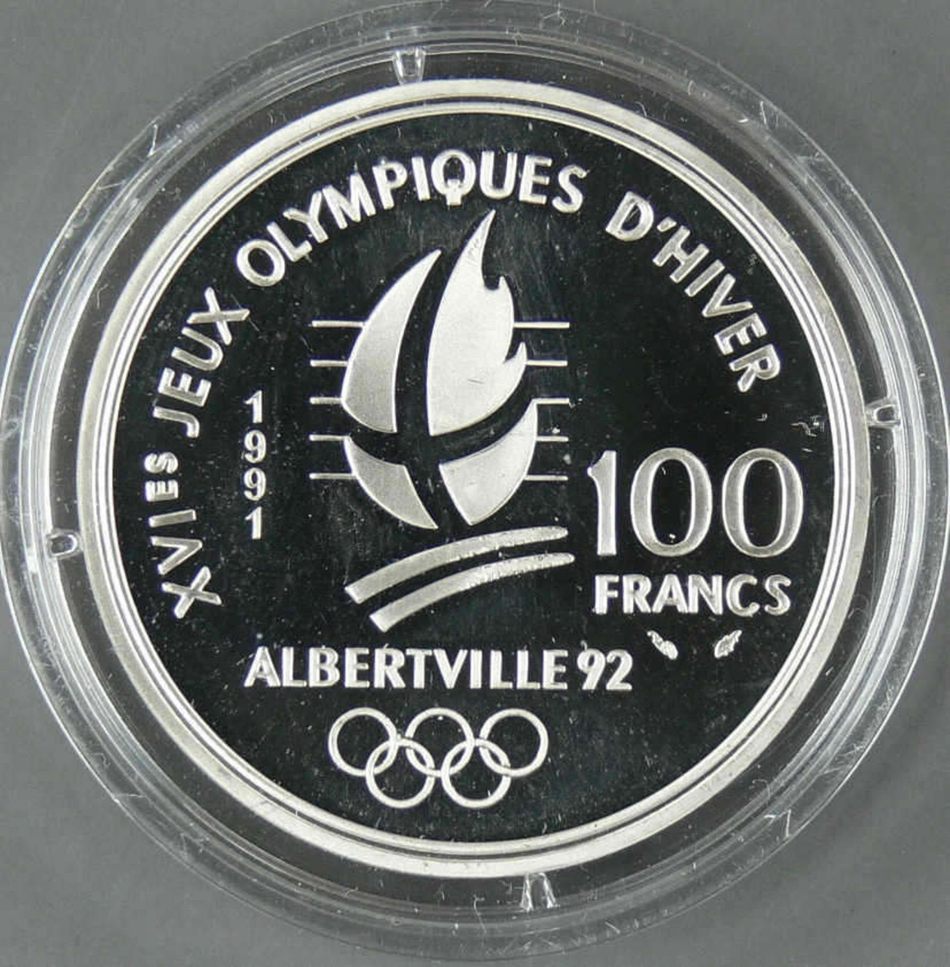 Frankreich 1991, 100.- Francs - Silbermünze "Olympische Spiele 1992 Albertville - Langläufer". - Bild 2 aus 2